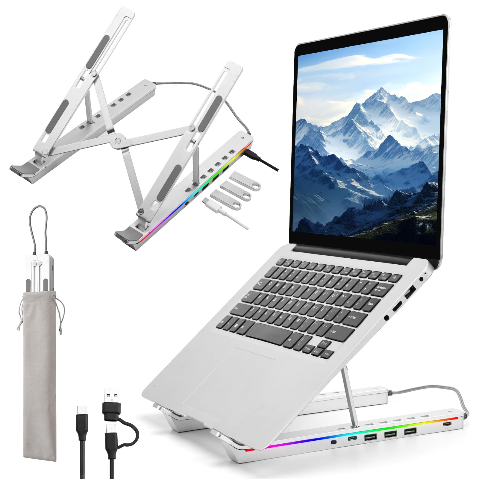 Laptop Stand with USB、Type C and RGB Lights, Aluminum Adjustable Foldable Laptop Stand for Desk, Ergonomic Portable Laptop Riser Holder Compatible with Laptops and iPad 10-15.6", Silver