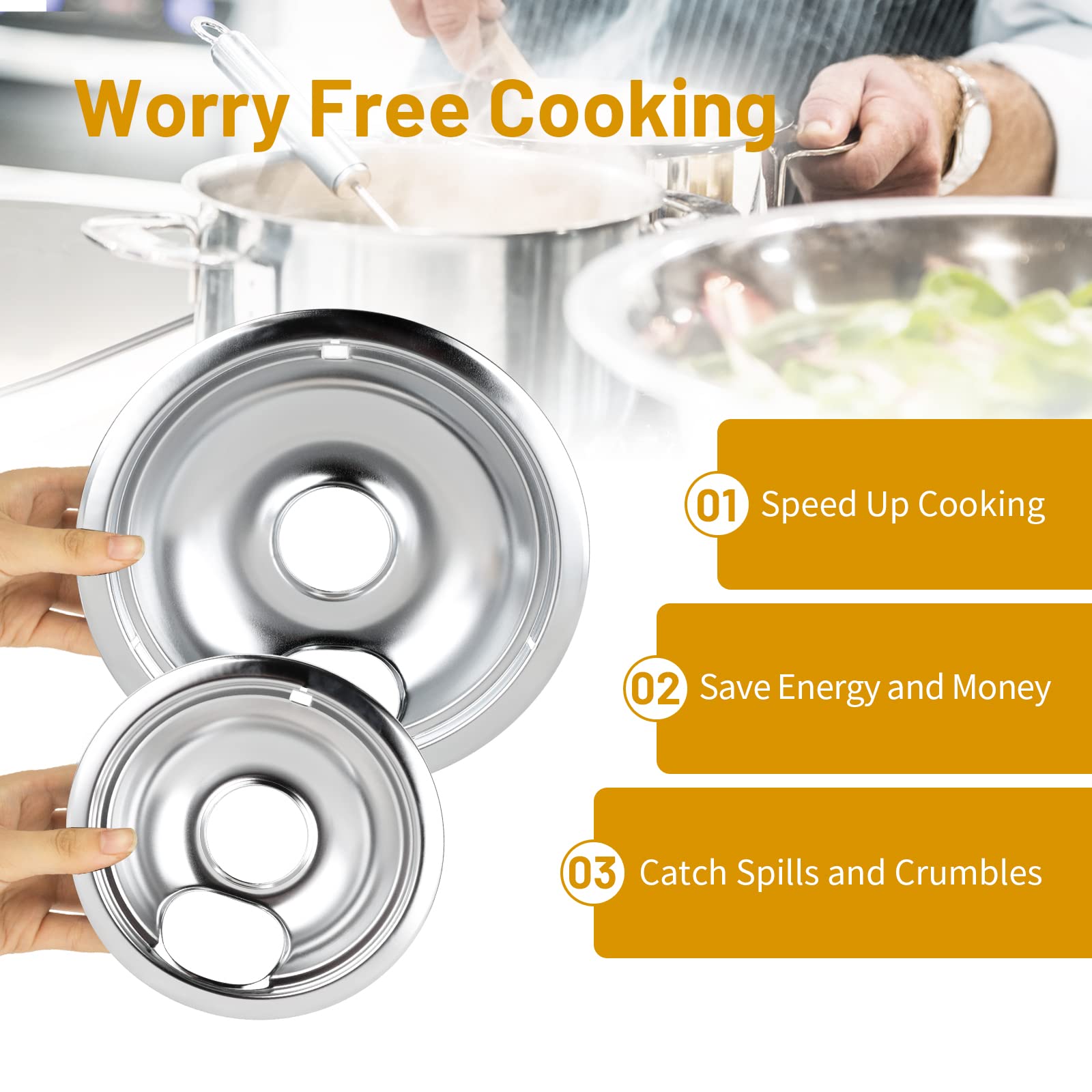 4 Pack Chrome Drip Pans, Compatible with Whirpool Kenmore Frigirate Stove Top Drip Bowls. Include 2 Pcs 6'' Range Replacement Drip Pans and 2 Pcs 8 '' Cooktop Drip Pans