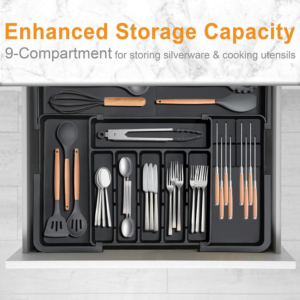Oillase Silverware Organizer - Expandable Large Kitchen Drawer Organizer Utensil Organizer with 2 Removable Knife Blocks, 22"x 19"Cutlery Tray Drawer Dividers for Kitchen Flatware(6-9 Slots) (Black)