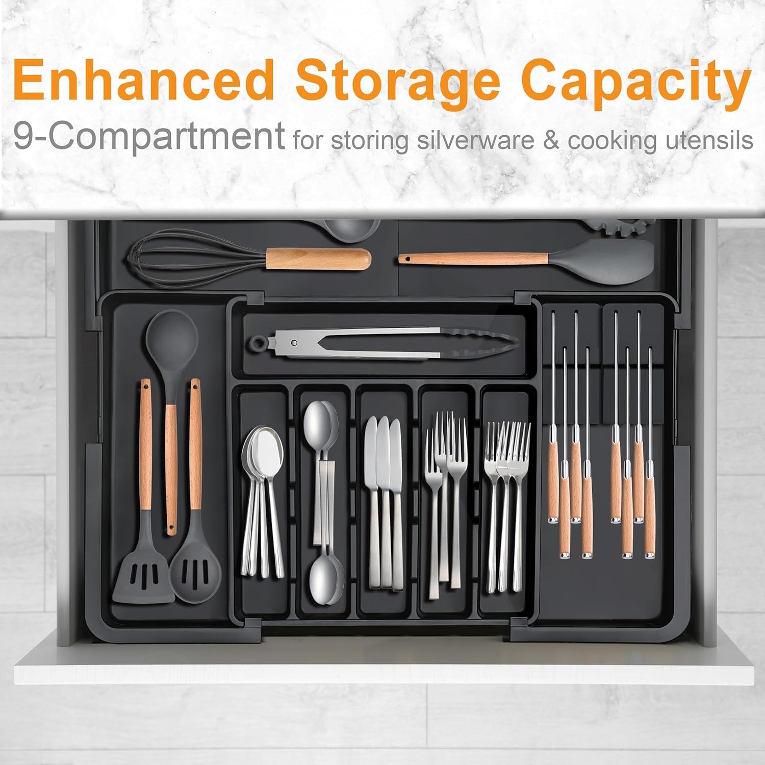 Oillase Silverware Organizer - Expandable Large Kitchen Drawer Organizer Utensil Organizer with 2 Removable Knife Blocks, 22"x 19"Cutlery Tray Drawer Dividers for Kitchen Flatware(6-9 Slots) (Black)