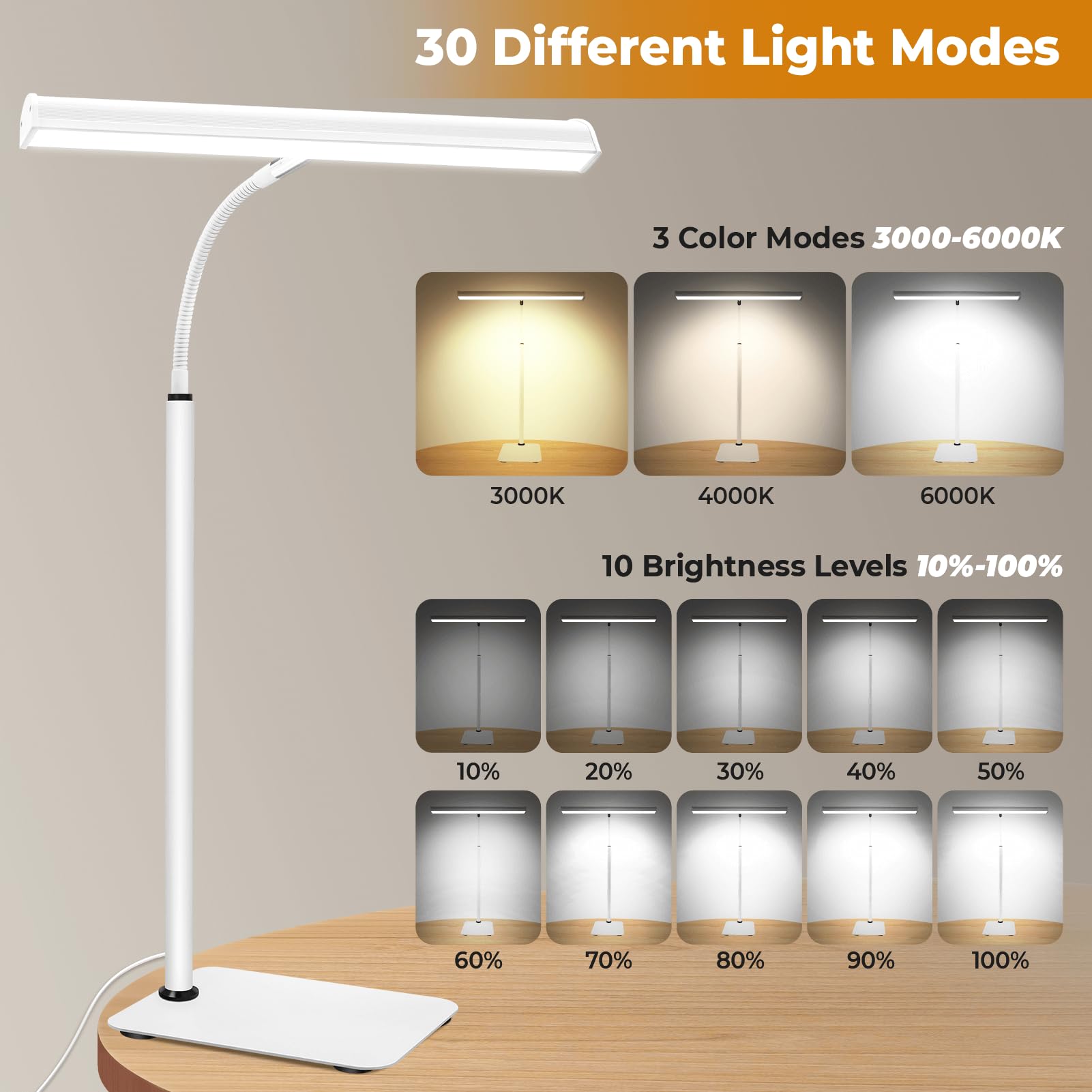 Desk Lamp for Home Office, Eye-Caring Architect LED Table Lamp, 3 Color Modes & 10 Brightness Level Desk Lamp, Adjustable Flexible Gooseneck, 21.5inch Tall Desk Light for Work Study Reading (White)