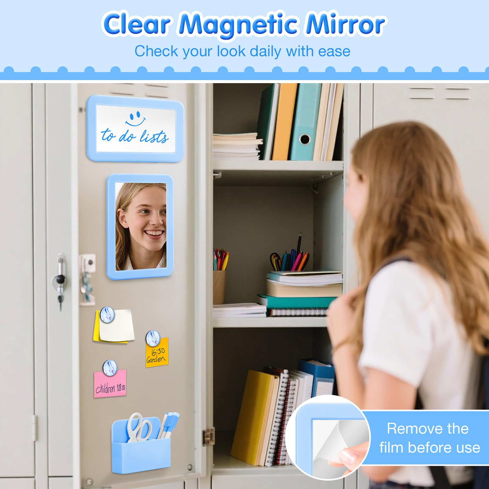MoKo Locker Accessories Set, 11PCS Back to School Supplies Includes Magnetic Mirror, Whiteboard, Markers, Pen Holder and Magnets, Locker Organizer for School Office (Pink)