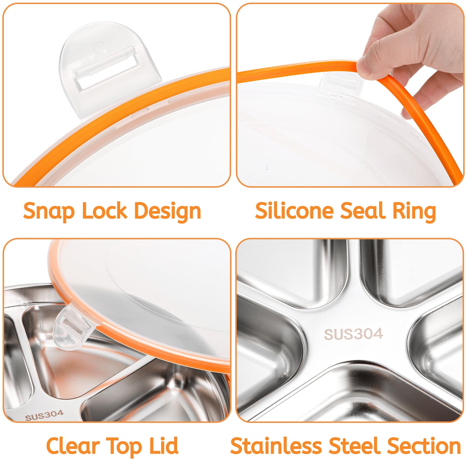 YOUEON 2 Pack Stainless Steel Divided Serving Tray with Lid, 5 Compartments Round Veggie Tray Snack Box, Reusable Sectioned Food Storage Container for Meal Prep, Party, Entertaining