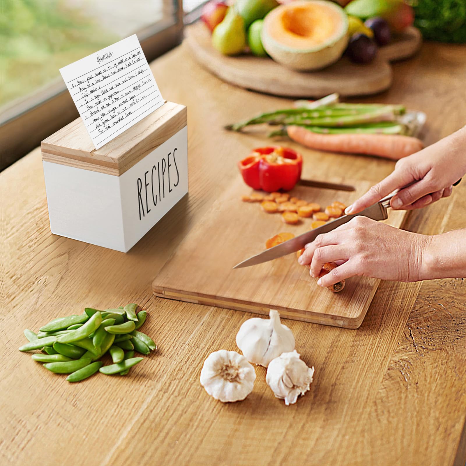 Dahey Wooden Recipe Box White Recipe Organizer with 100 Recipe Cards and 6 Dividers, Recipe Card Holder Box Set with Lid and Slots to Write in Your Own Recipes for Cooking Lover Kitchen, 6.9''x4.3''
