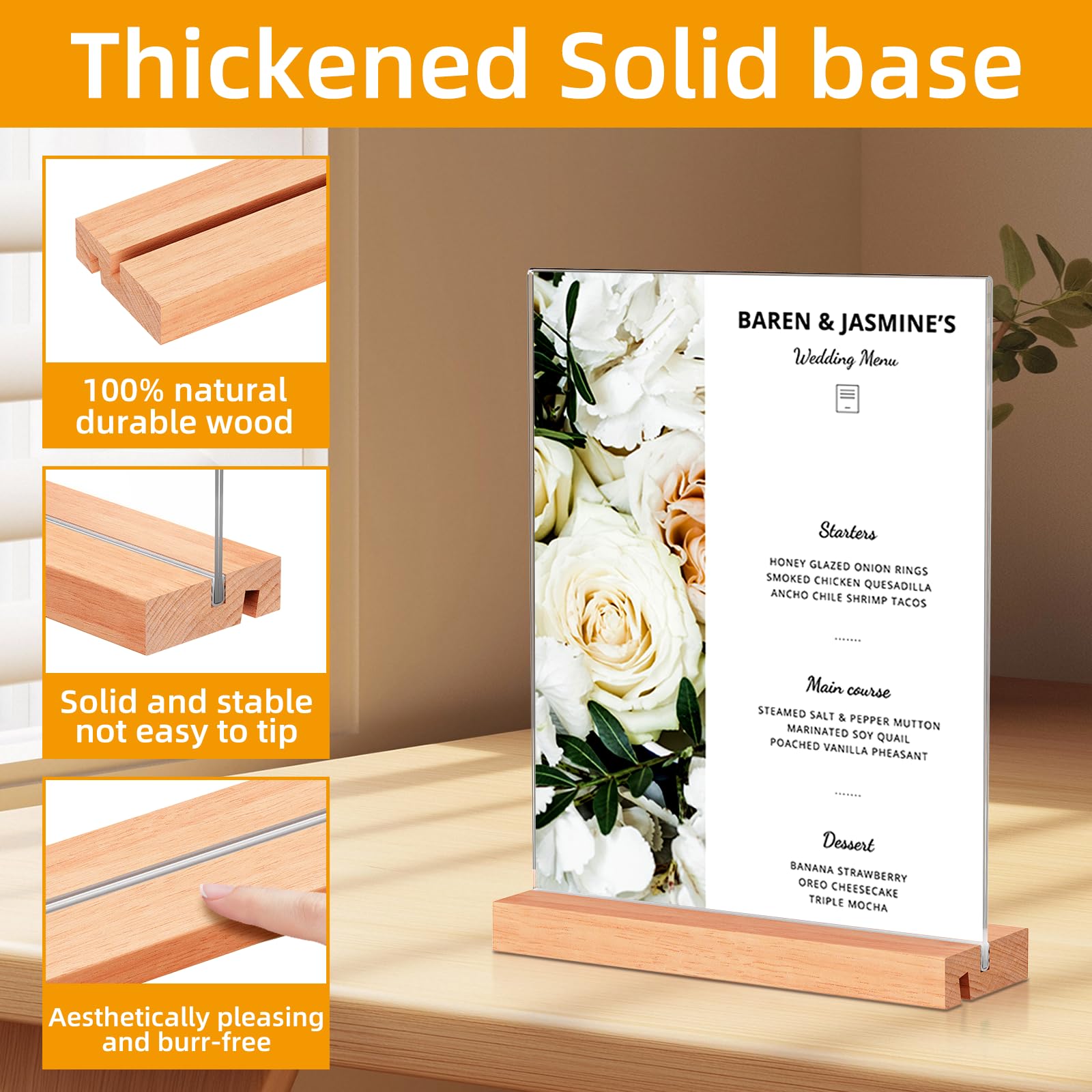 Acrylic Sign Holder 8.5x11, Clear Table Display Stand With Wooden Base, L Shape Slant Back Design Acrylic Frame Plastic Paper Menu Holder Detachable Base Flyer Holder for Office Store Home-3Pack