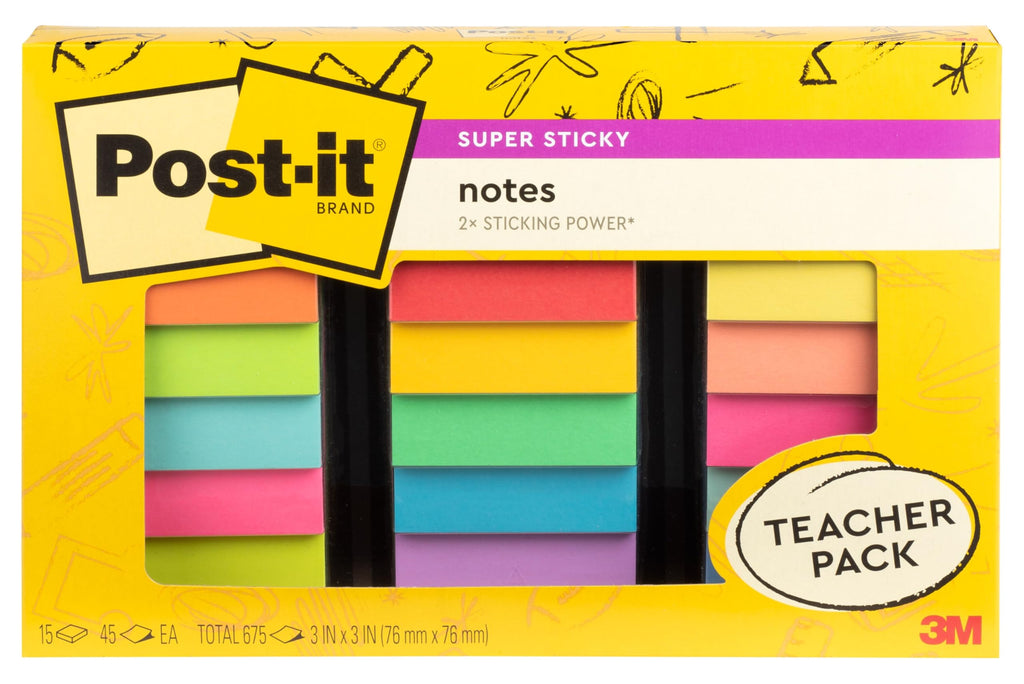 Post-it Super Sticky Notes Teacher Pack, Assorted Colors, 3 in. x 3 in., 15 Pads/Pack, 45 Sheets/Pad (654-15SSBTS-SR)
