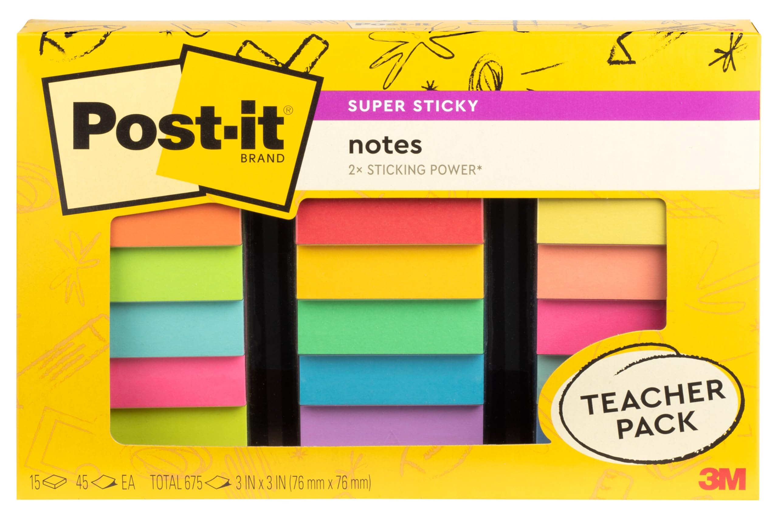 Post-it Super Sticky Notes Teacher Pack, Assorted Colors, 3 in. x 3 in., 15 Pads/Pack, 45 Sheets/Pad (654-15SSBTS-SR)