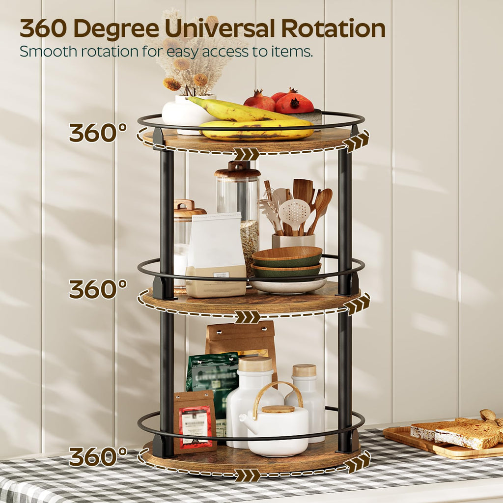 YATINEY Spice Rack, Rotating Spice Organizer for Cupboard, 3 Tier Lazy Susan Turntable, Industrial Countertop Organizer, for Kitchen and Cabinet, Compact and Versatile, Rustic Brown and Black SR23BR