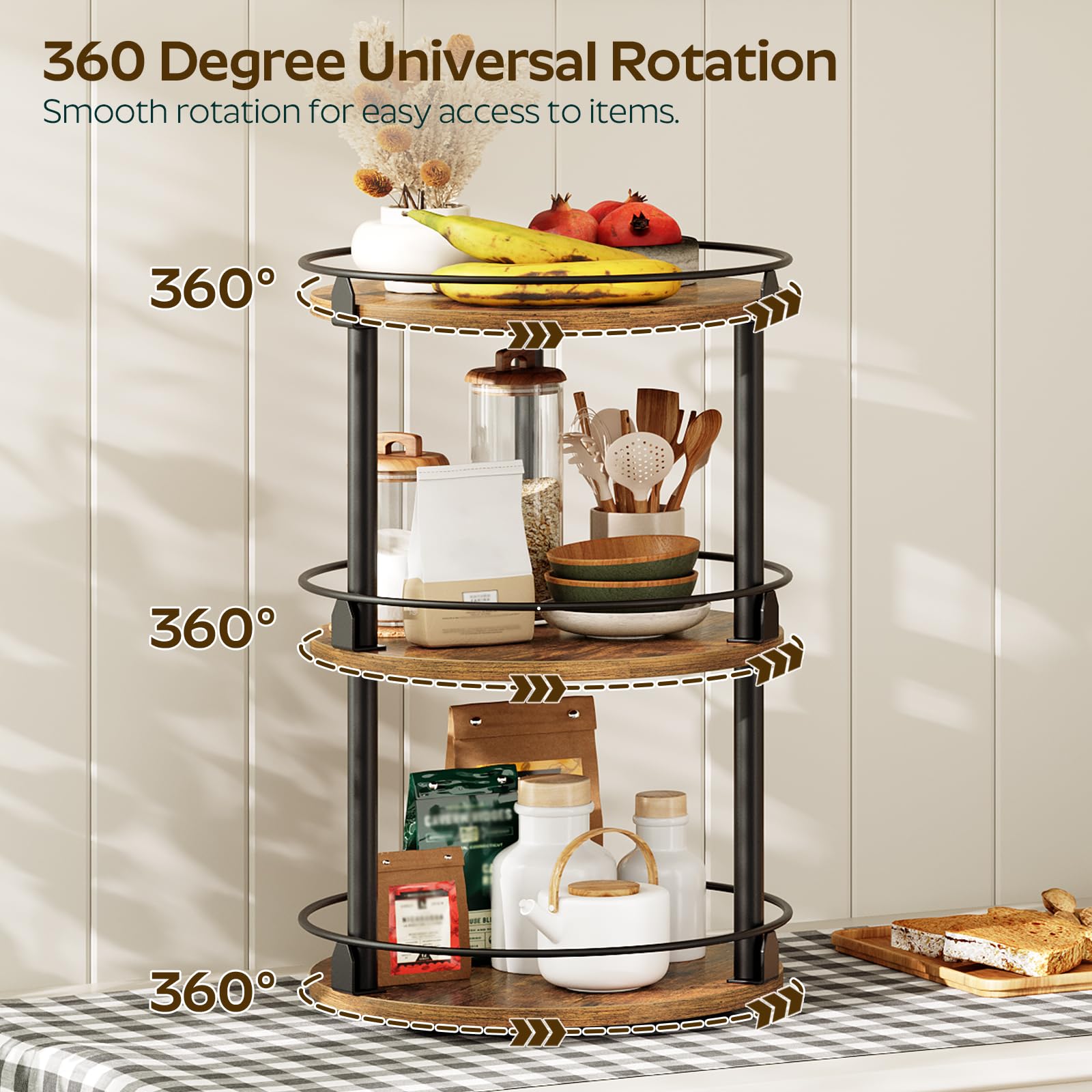 YATINEY Spice Rack, Rotating Spice Organizer for Cupboard, 3 Tier Lazy Susan Turntable, Industrial Countertop Organizer, for Kitchen and Cabinet, Compact and Versatile, Rustic Brown and Black SR23BR