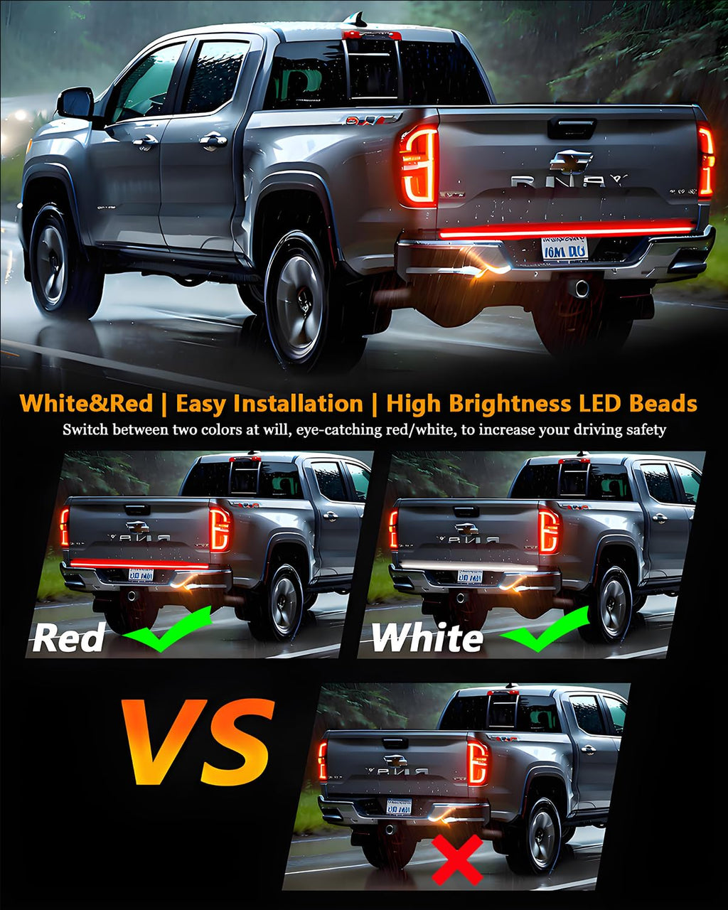 48/49inch LED Truck Tailgate Light Strip 1.2M 5 Function Red/White for Tail Running Brake Light Turn Signal Emergency Warning Reverse Light for Pickup SUV Trailer Cargo
