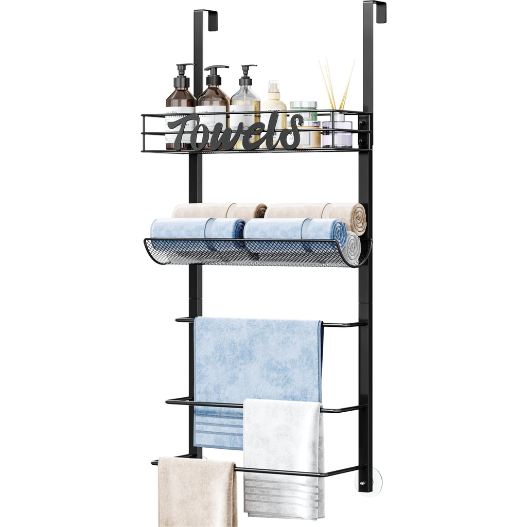 SWTYMIKI Towel Rack for Bathroom - 5 Tier Over Door The Towel Rack Wall Mounted with Metal Shelf, Over Door Towel Holder, Space-Saving Bathroom Storage, Multi-Functional Bathroom Accessories, Black