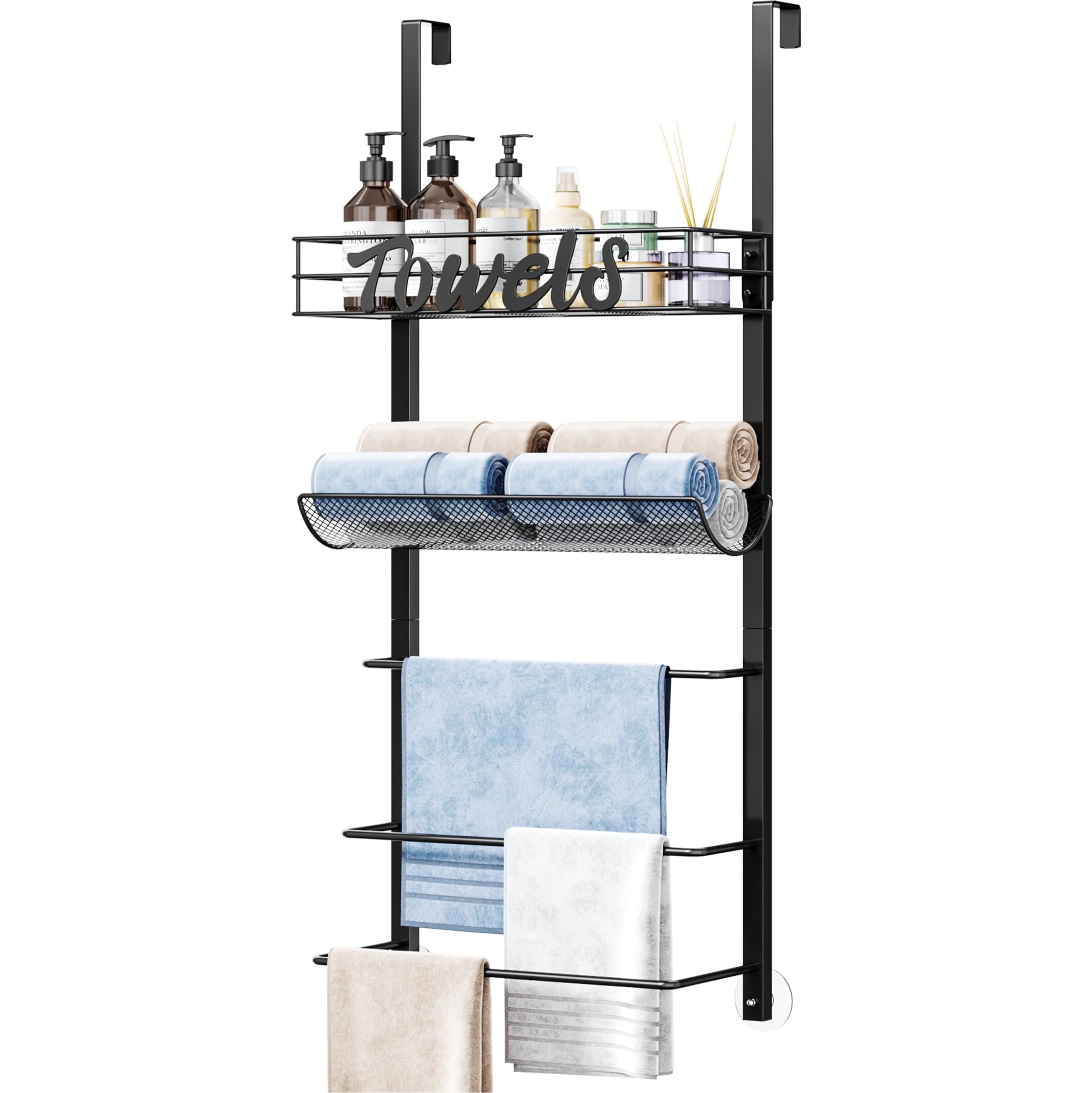 SWTYMIKI Towel Rack for Bathroom - 5 Tier Over Door The Towel Rack Wall Mounted with Metal Shelf, Over Door Towel Holder, Space-Saving Bathroom Storage, Multi-Functional Bathroom Accessories, Black