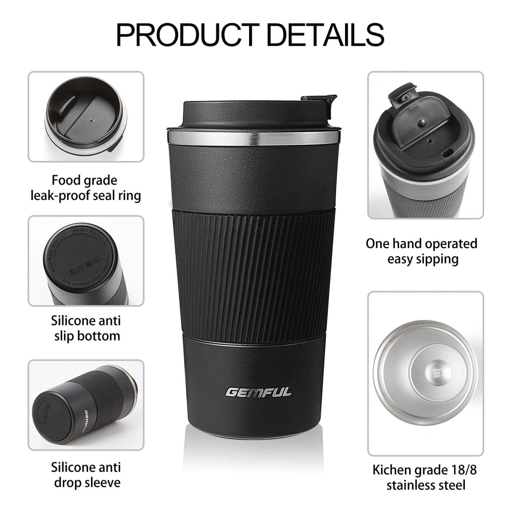 GEMFUL Coffee Travel Mug 17oz Insulated Leak Proof for Hot Drink Stainless Steel Coffee Cup Double Walled Vacuum Tumblers Reusable Tasse isotherme Home Office Work Set of 2