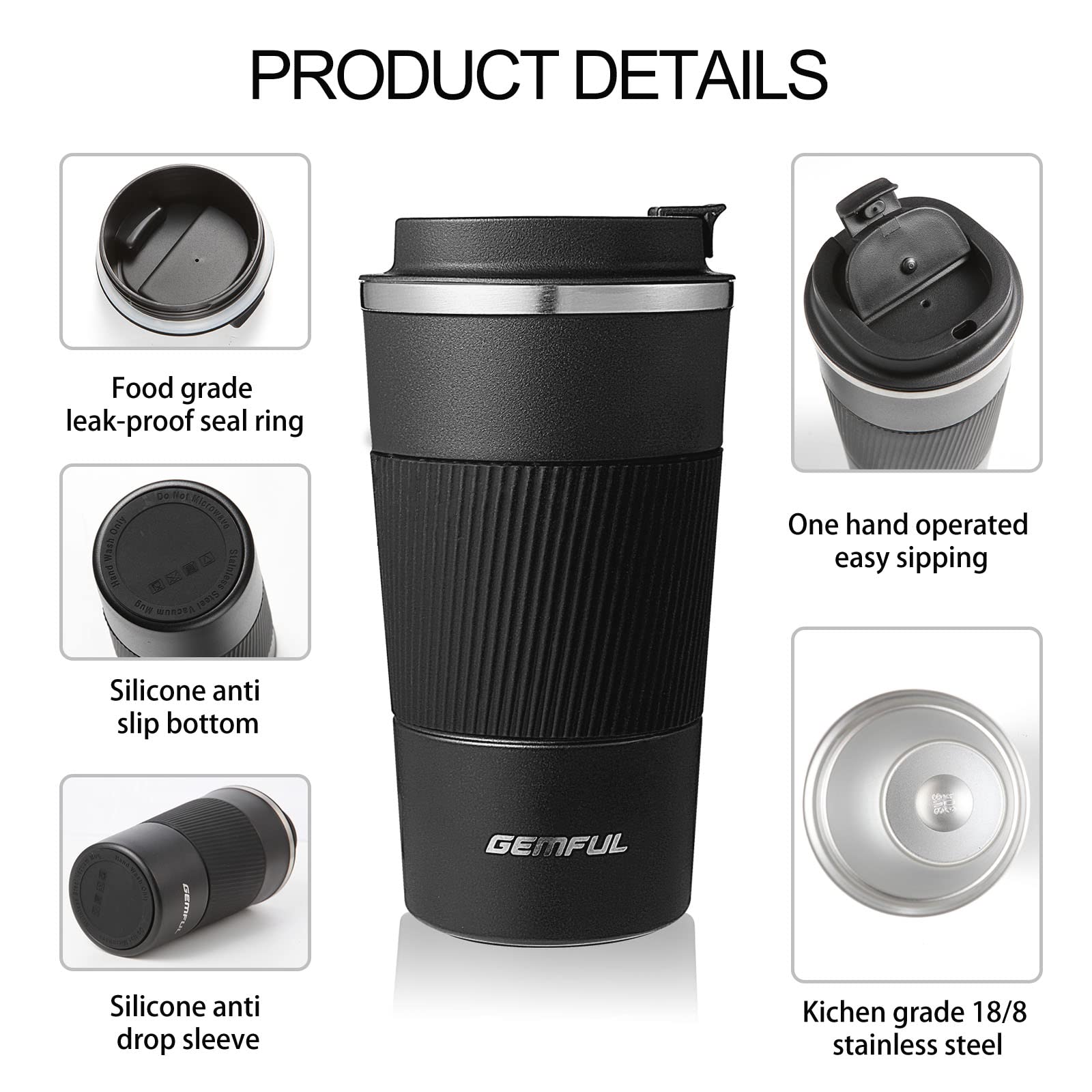 GEMFUL Coffee Travel Mug 17oz Insulated Leak Proof for Hot Drink Stainless Steel Coffee Cup Double Walled Vacuum Tumblers Reusable Tasse isotherme Home Office Work Set of 2