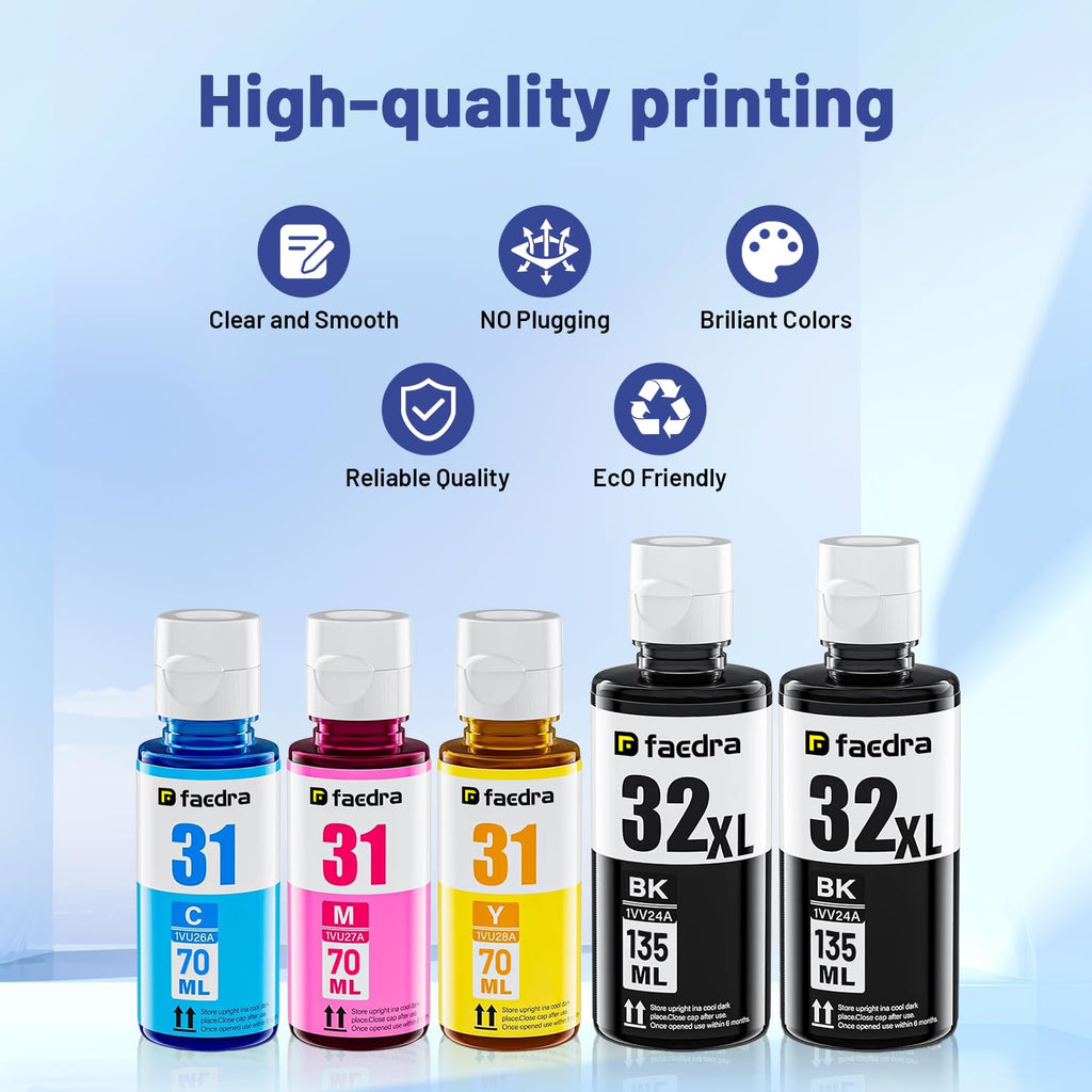 Faedra 31 32XL Ink Bottle (5 Pack) Replacement for HP 31 32XL Ink Bottle Set for HP Smart Tank 5103 6001 7301 7602 7001 5000 5101 5102 651 551 455 457 450 Ink (2 Black 1 Cyan 1 Magenta 1 Yellow)