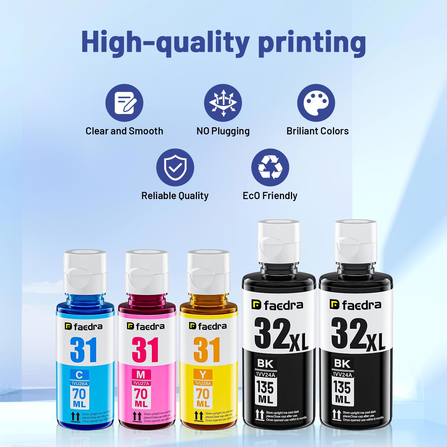 Faedra 31 32XL Ink Bottle (5 Pack) Replacement for HP 31 32XL Ink Bottle Set for HP Smart Tank 5103 6001 7301 7602 7001 5000 5101 5102 651 551 455 457 450 Ink (2 Black 1 Cyan 1 Magenta 1 Yellow)
