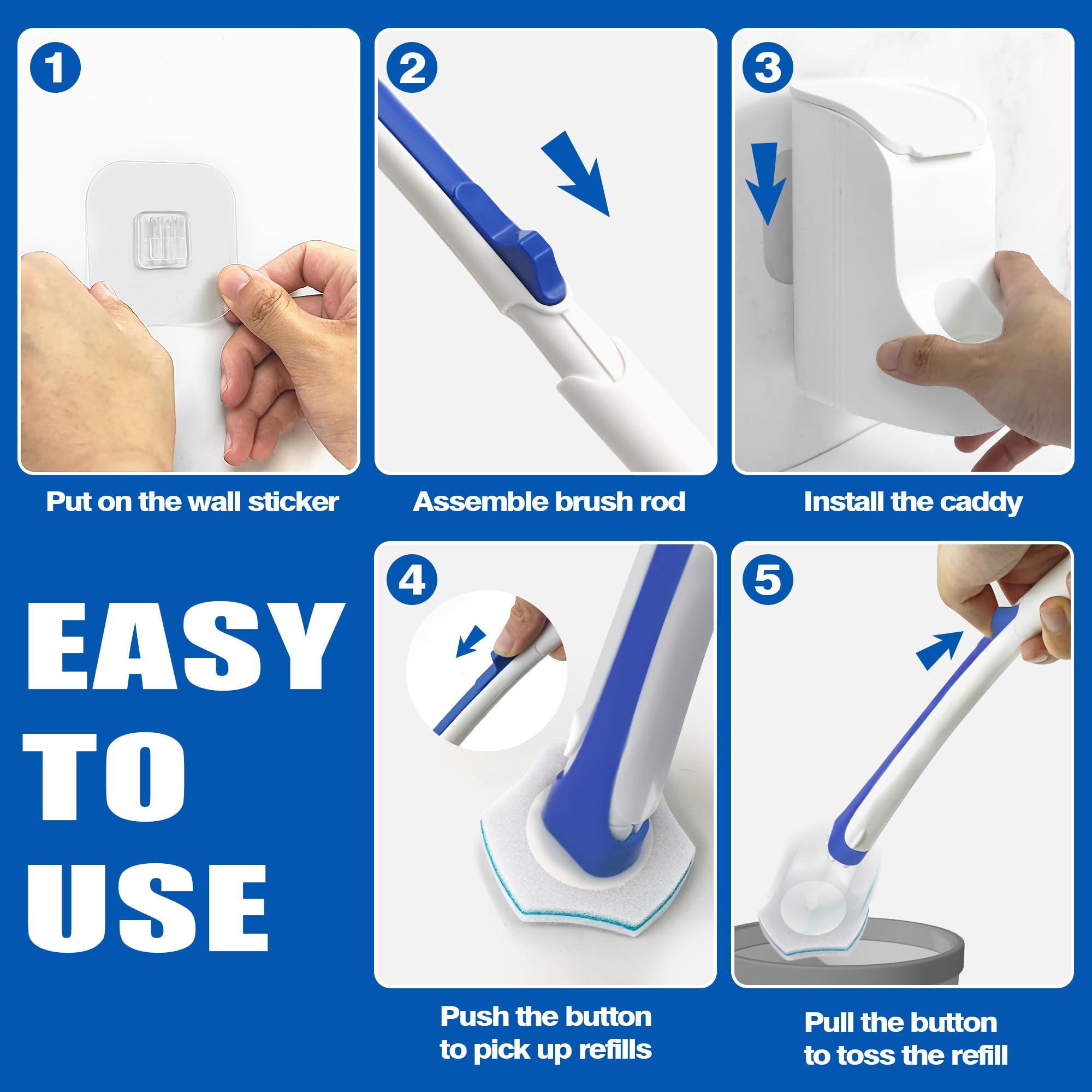 JEHONN Disposable Toilet Brush with 48PCS Wand Cleaner Refills, Wall Mounted Toilet Bowl Brush Holder Set, Bathroom Cleaning System for Sink Bathtub Wash Basin (Blue)