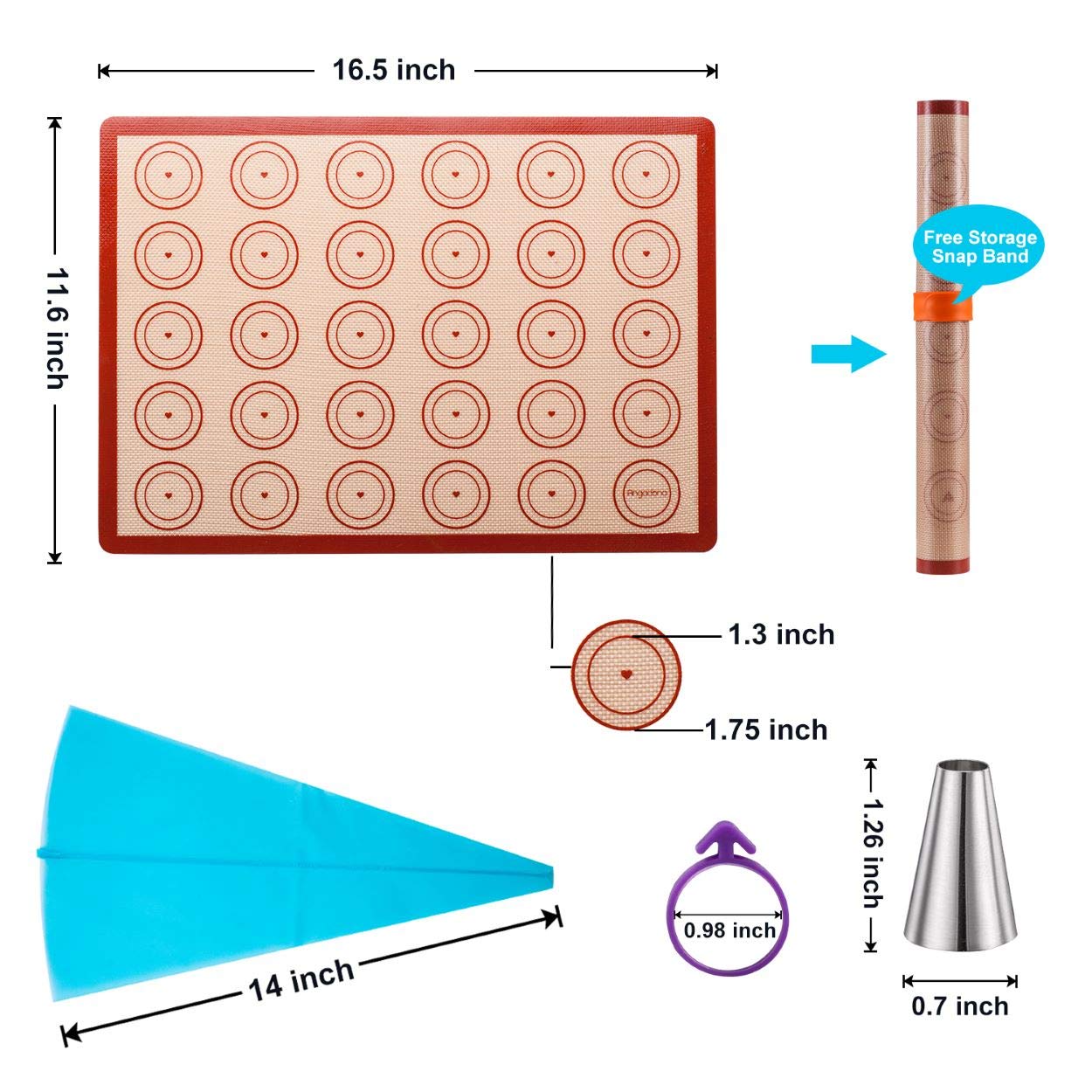 Silicone Macaron Baking Mat Kit - 16pcs Set, Macaroon Baking Mat Set of 2 Half Sheet Macaron Silicone Mat Nonstick Macaron Mat Sheet,6 Piping Tip,2 Piping Bag with 3 Bag Tie, 2 Coupler (11.6"x16.5")