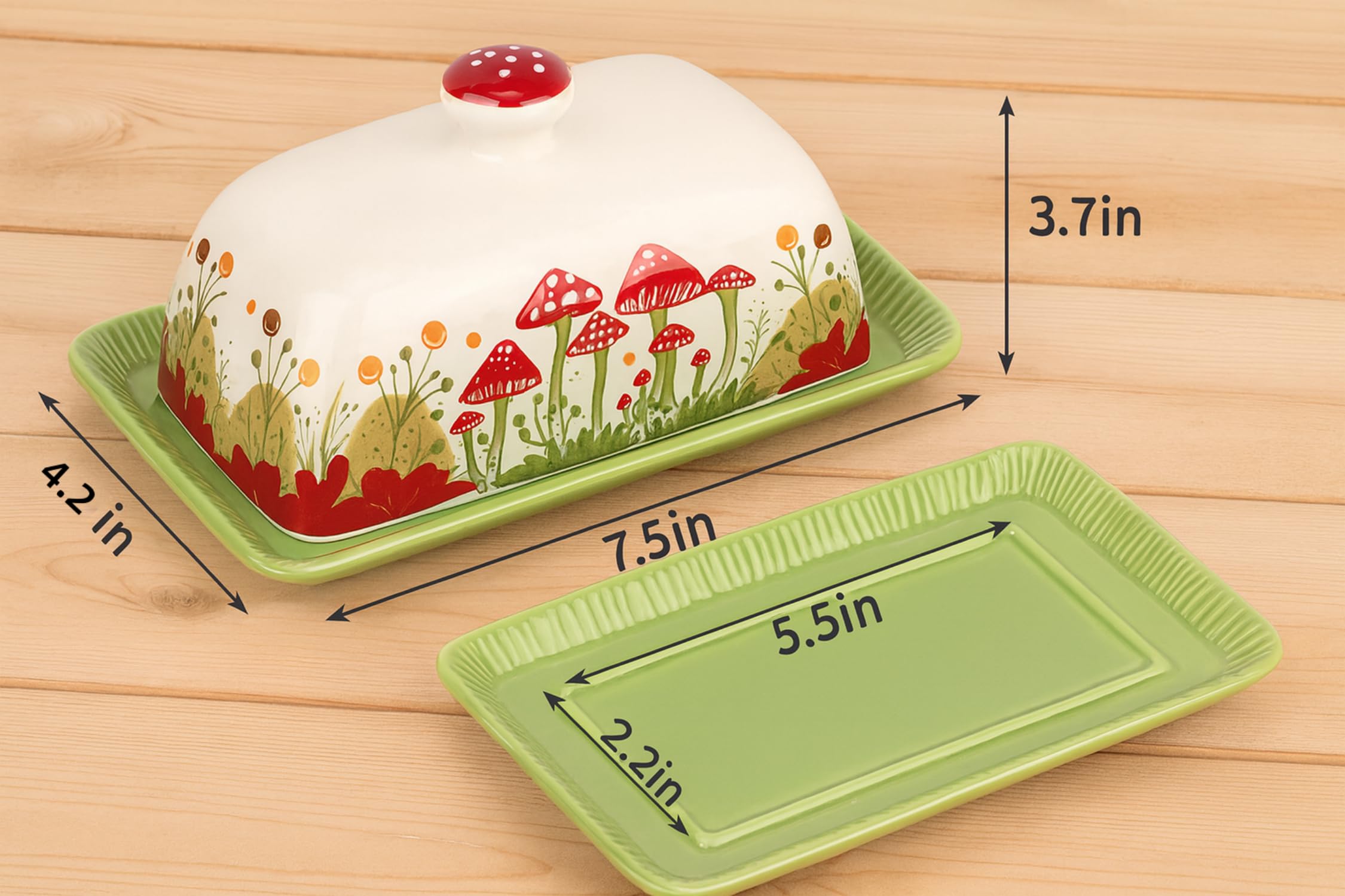 Ceramic Butter Dish with Lid, Hand-Painted Mushroom Design, Rectangular Butter Keeper with Tray, Lead-Free, Dishwasher & Microwave Safe, 7.5 x 4.2 x 3.7 in