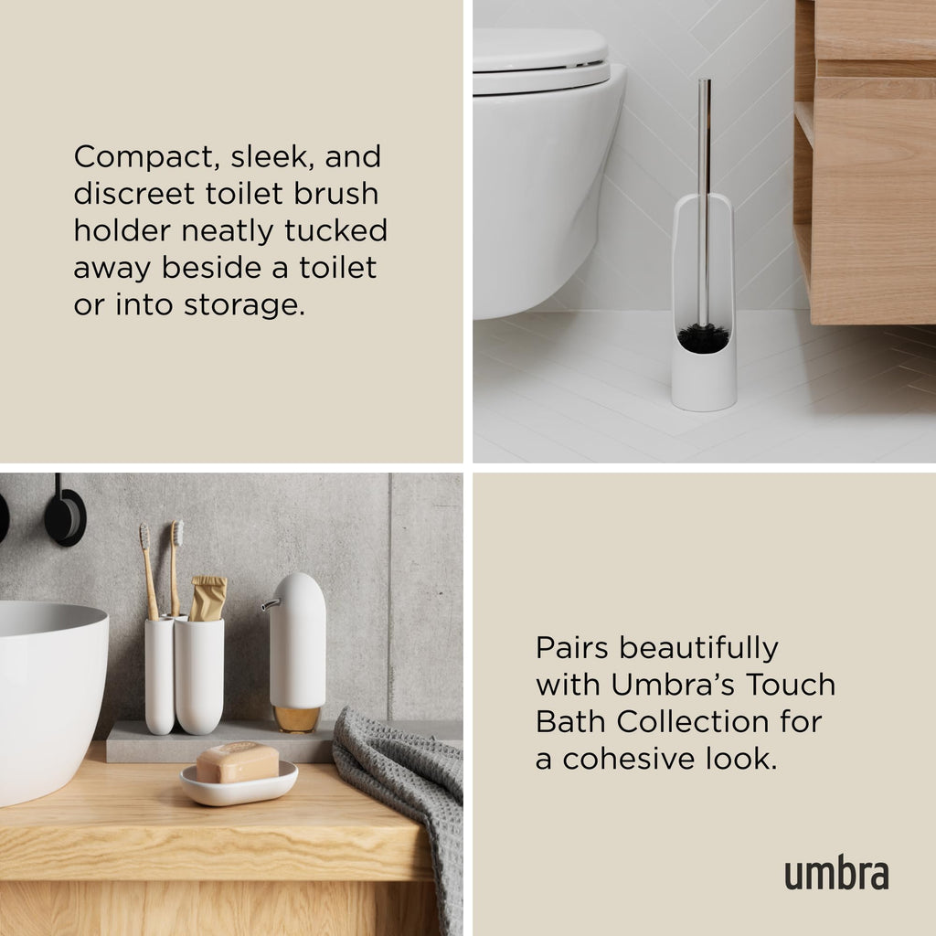 Umbra Touch Toilet Brush with Holder/Stand – Durable, Slim Cleaning Tool with Dense Bristles – Removes Stubborn Stains, White