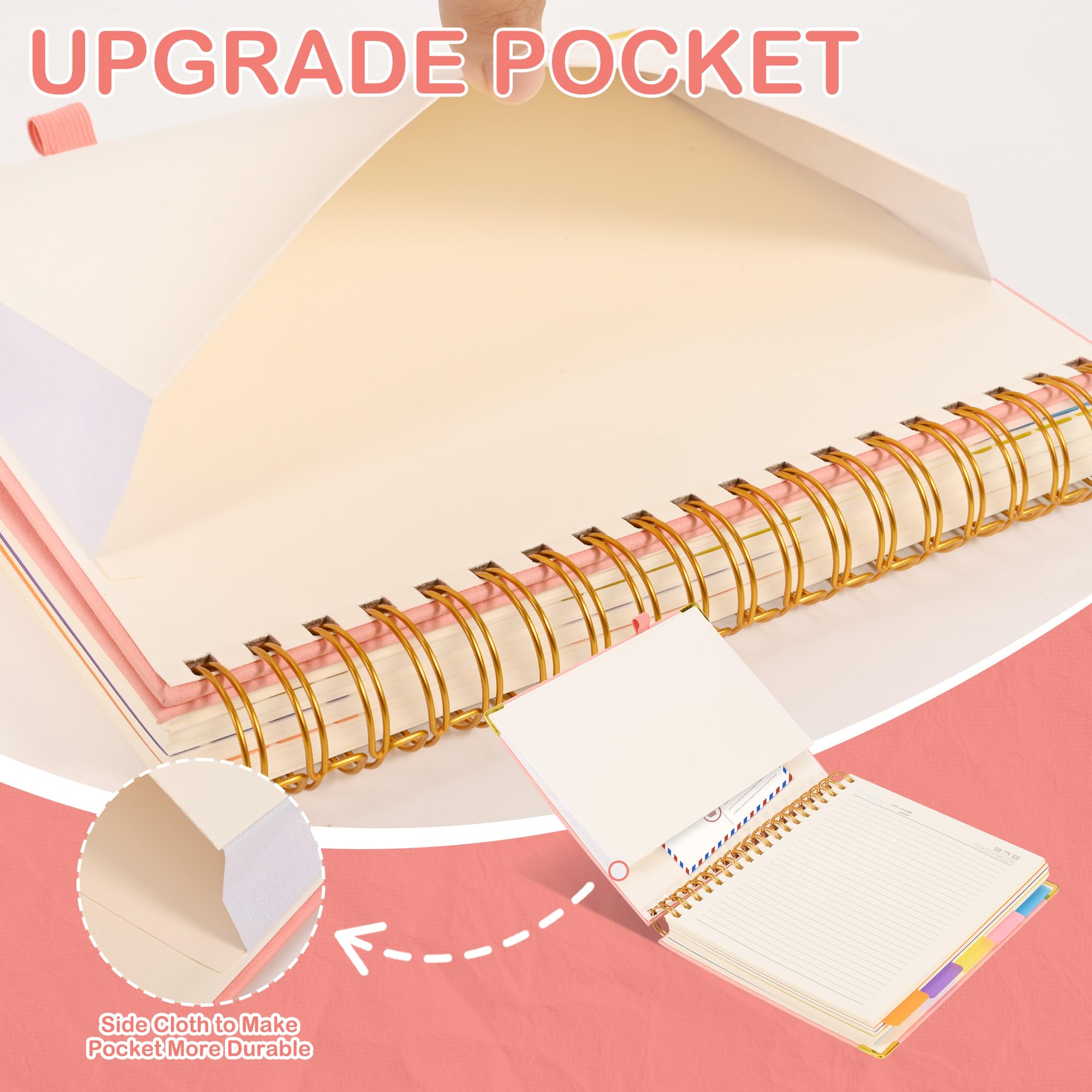 5 Subject Notebook with Removable Dividers Tabs, 300 Pages Leather Hardcover Spiral Notebook College Ruled, 8"x10" Large B5 Notebooks for Work School, Lined Journal for Women, Pink