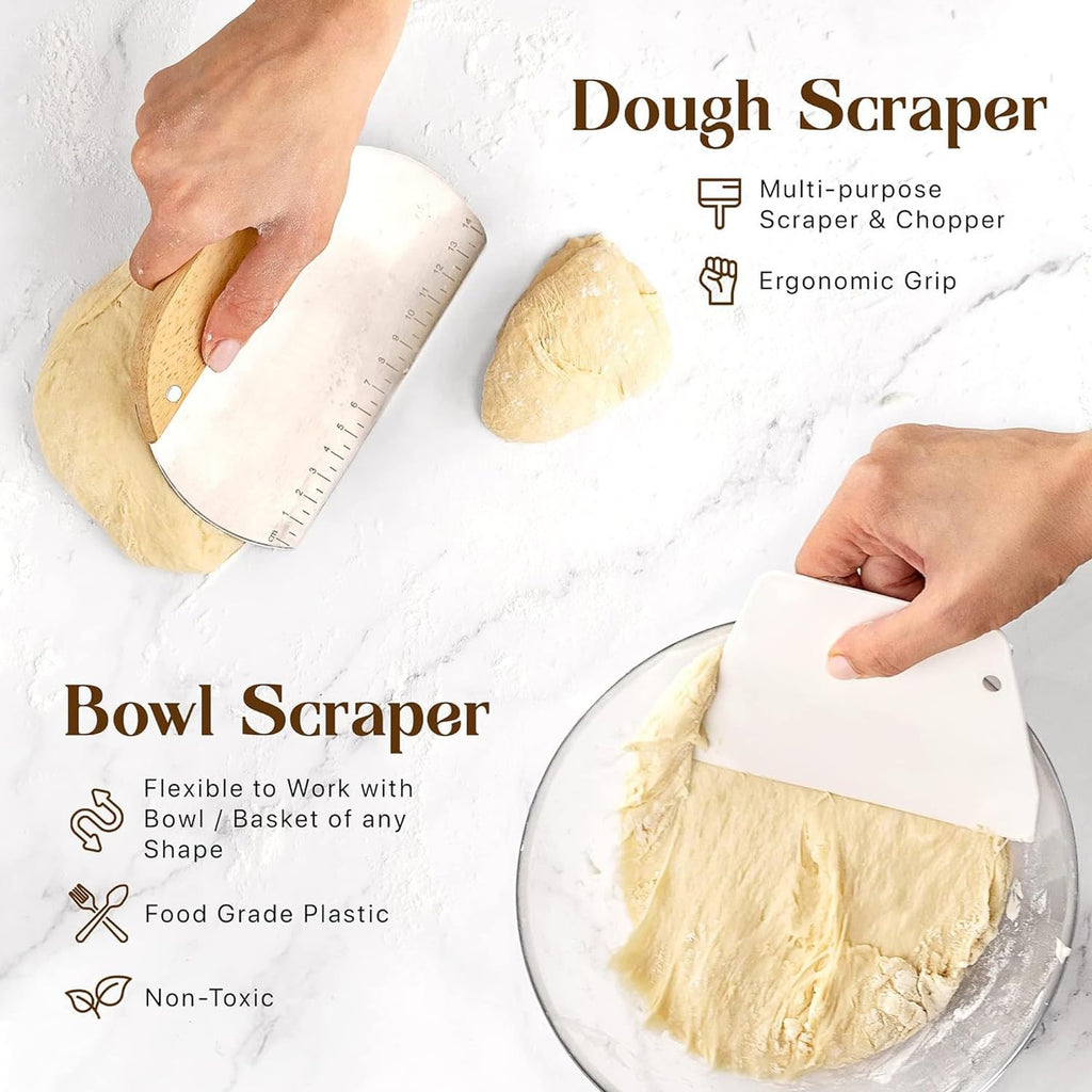 Bread Proofing Basket Set, 9" Round and 10" Oval Banneton Proofing Basket with Linen Liner Cloth, Danish Dough Whisk, Bread Scoring Lame,Stainless Steel Dough Scraper (9 inch Round & 10 inch Oval Set)