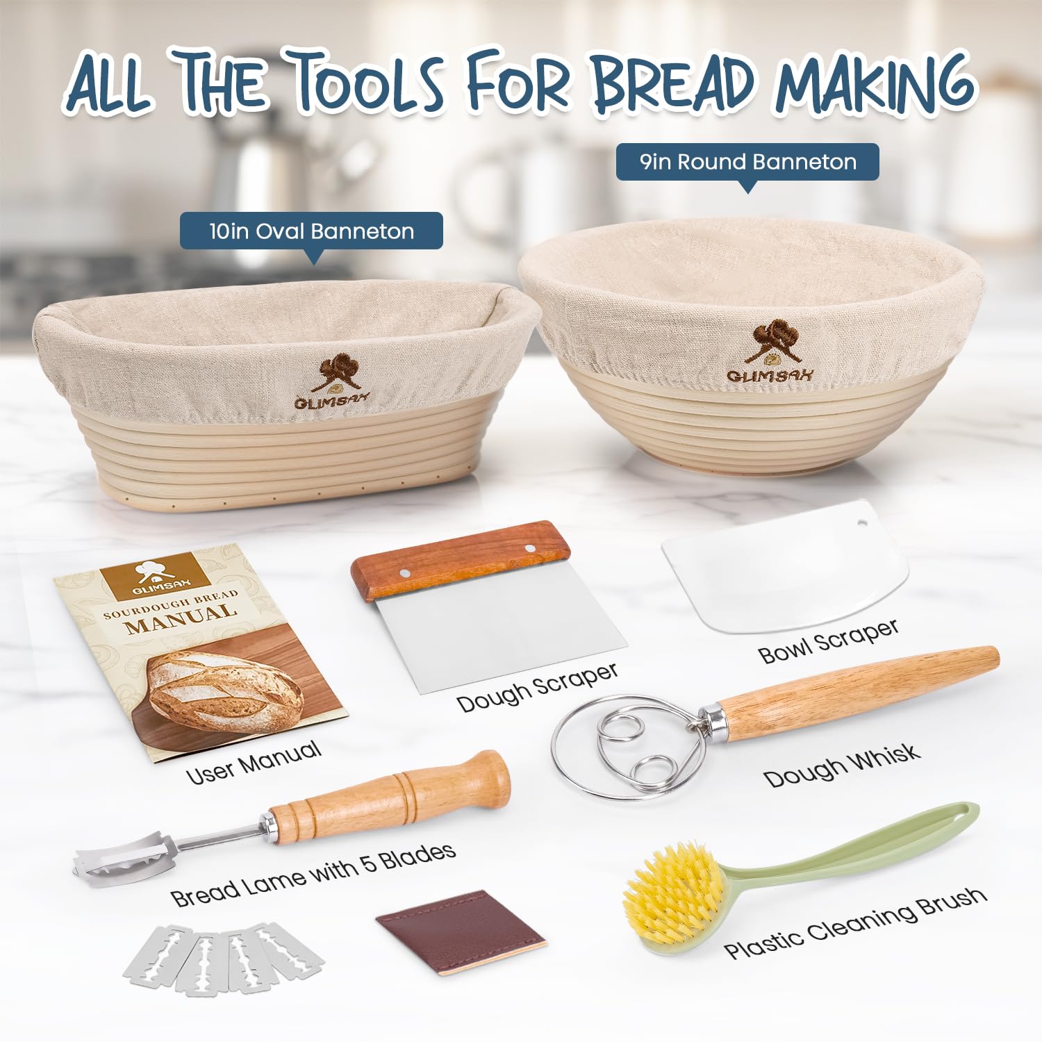 Glimsax Banneton Proofing Basket Set of 2, 9" Round & 10" Oval for Sourdough Baking, Bread Making Accessories and Tools Starter Kit, Gifts for Beginner and Professional Bakers