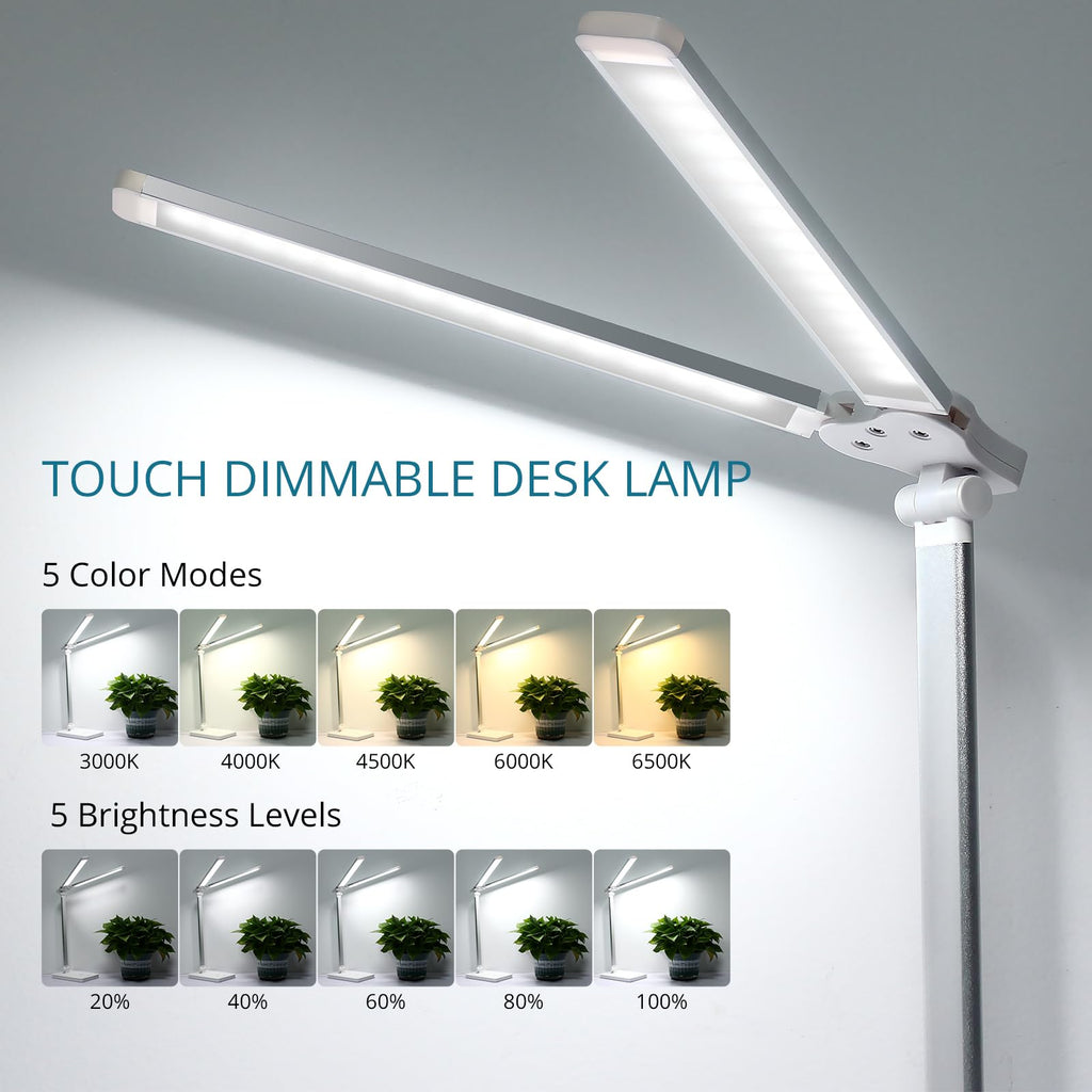 Semlos LED Desk Lamp, Eye-Caring Table Lamps, 5 Lighting Modes & 5 Brightness Levels, Dual-Head, Touch Control, Dimmable Desk Light for Home Office, White, Includes Charger