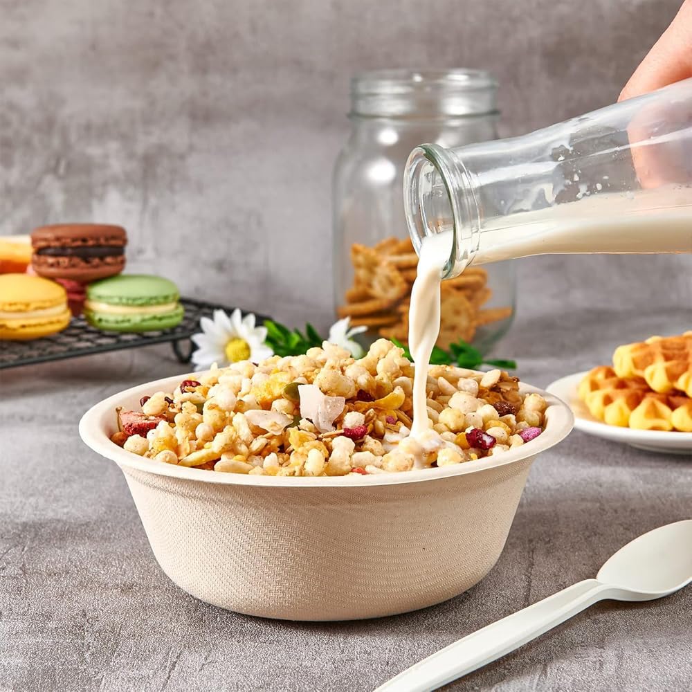 160 Pcs 12 Oz Paper Bowls Compostable Biodegradable Disposable Soup Bowls Bulk Duty Round Eco Friendly Sugarcane Bowls Hot Cold Food Plates and Bowl for Salad Dessert Camping Set (160, 5.31*1.69inch)