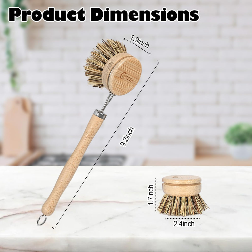 Bamboo Dish Scrubber - Hard Bristle, Natural Dish Brush with Handle, Sustainable & Biodegradable, Kitchen Scrub Brush for Dishes, Iron POTS, Baking Trays, Barbecue Grills