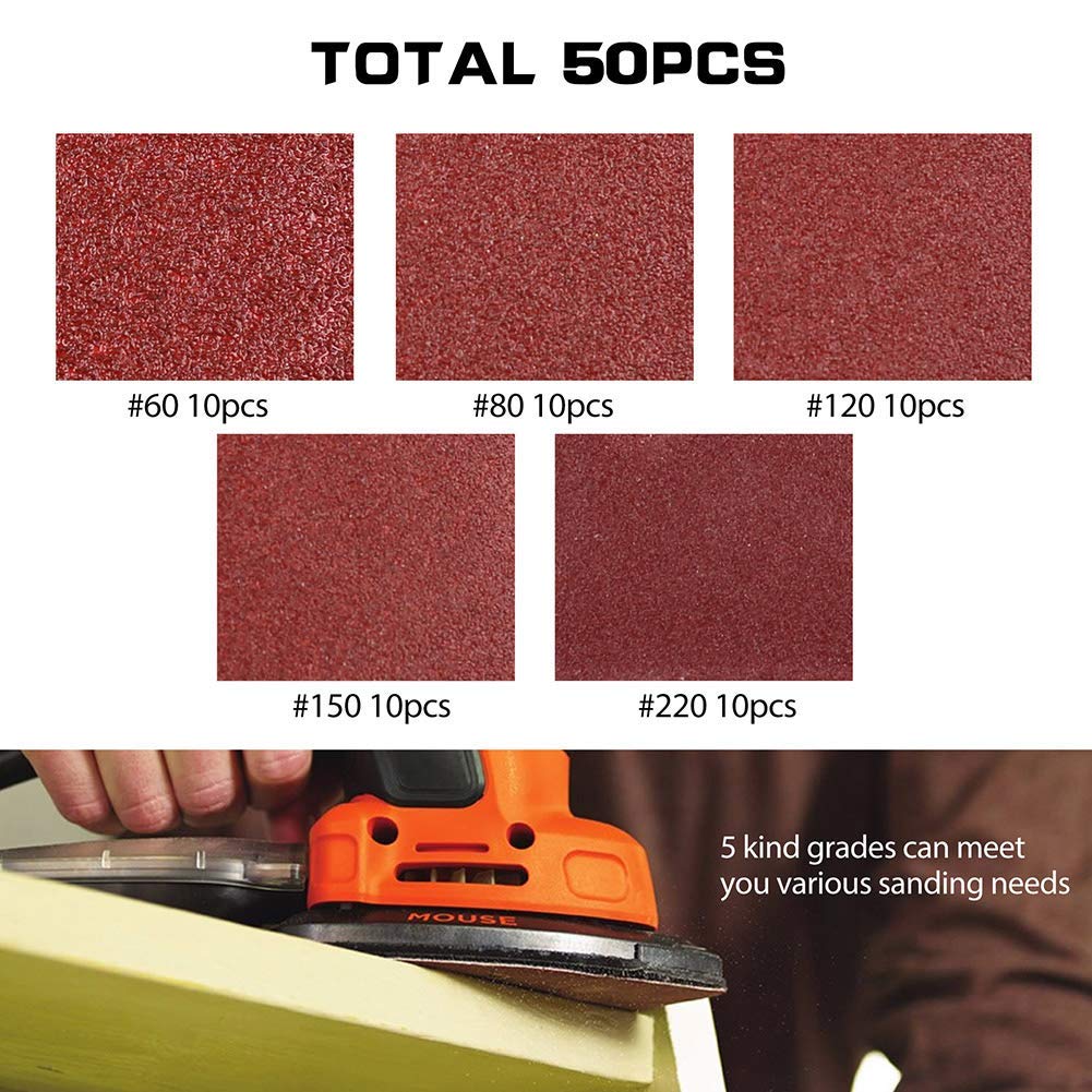 Sanding Pads for Black and Decker Mouse Sanders.50PCS 60 80 120 150 220 Grit Mouse Sandpaper Assortment - 12 Holes Hook and Loop Detail Palm Sander Sanding Sheets Sand Paper