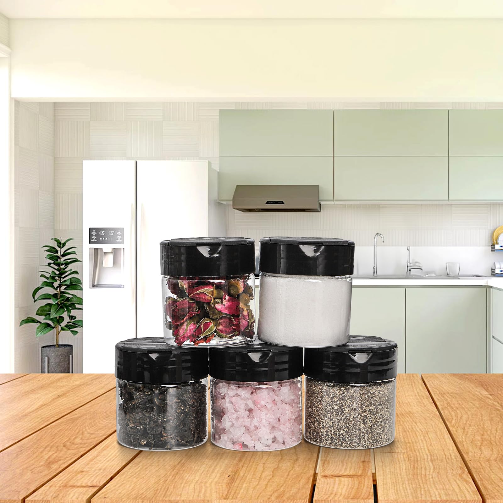 Foraineam 30 Pack Clear Plastic Jars 4 oz Mini Seasoning Bottles Spice Jars with Black Flip Cap to Pour Or Shaker, Round Food Safe Storage Containers with Lids for Spice Powders Cosmetics Crafts