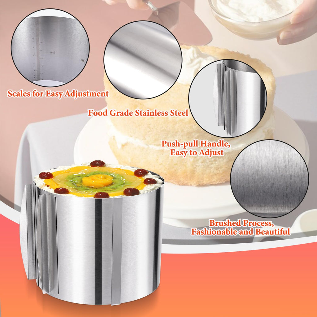 HOMEE Adjustable Stainless Steel Cake Ring 6 to 12 Inches, 6 inch High Stainless Steel Baking Rings, Round Cake Molds, Cake Mousse Mould with Precise Scaling Inside