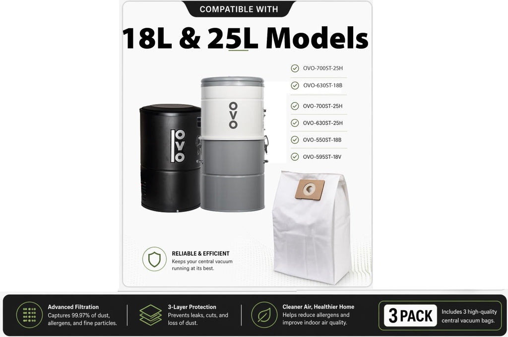 OVO Central Vacuum Triple Layer Disposable Filtration Bags, 12L /3.2Gal, for OVO-700/630/550-18B/18V/25H, NADAIR-700/600AL-22