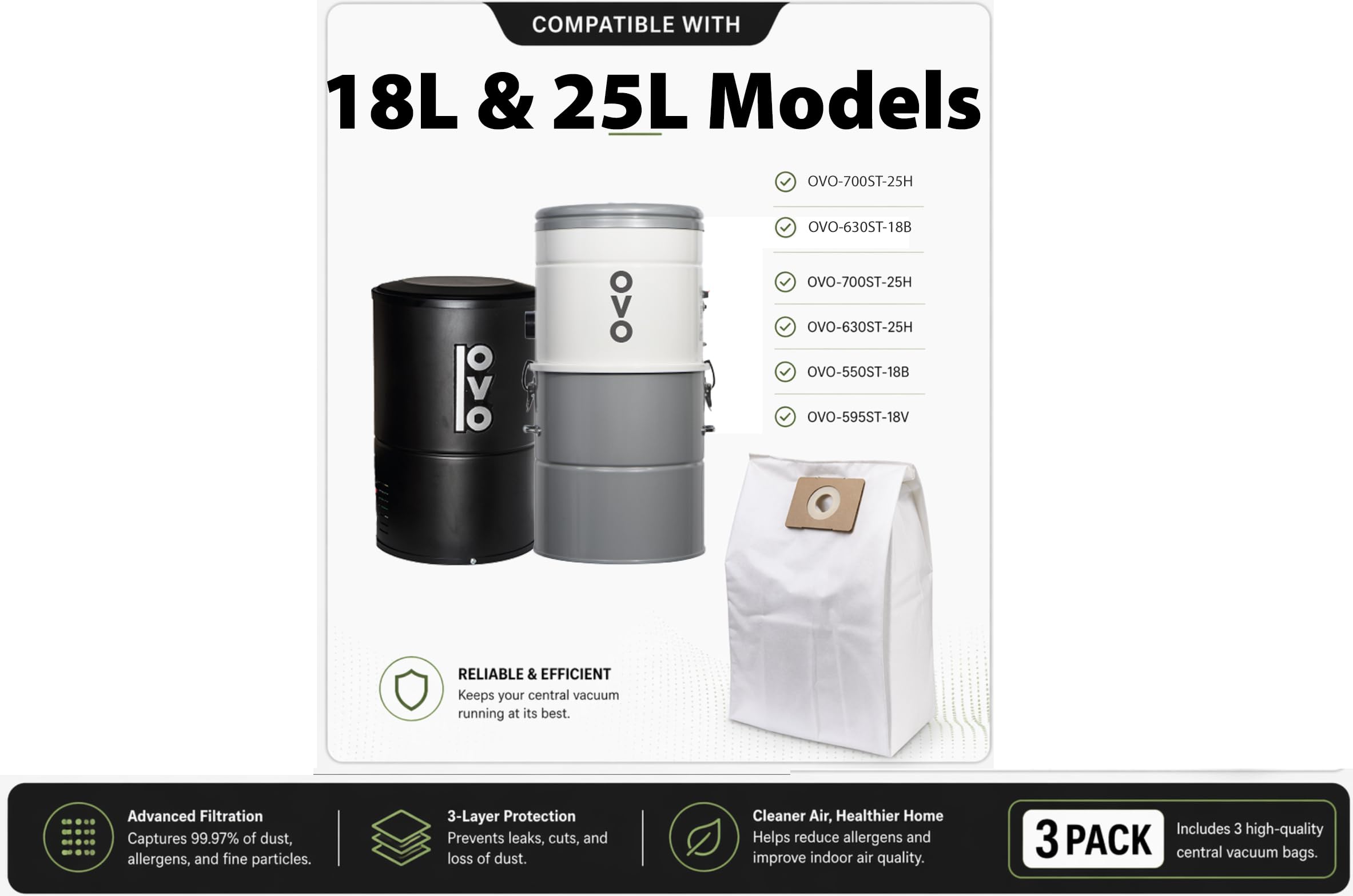 OVO Central Vacuum Triple Layer Disposable Filtration Bags, 12L /3.2Gal, for OVO-700/630/550-18B/18V/25H, NADAIR-700/600AL-22