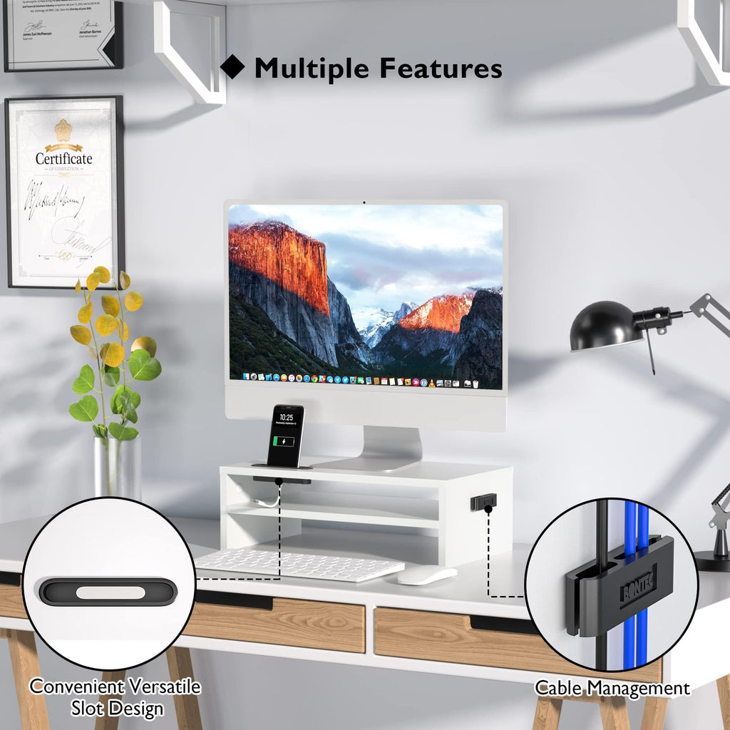 BONTEC Wood Monitor Stand Riser, Desk Monitor Stand with Smartphone Holder, Ergonomic Laptop Stand with Cable Management for Computer, Notebook, PC, 2 Tiers White,16.5 Inch