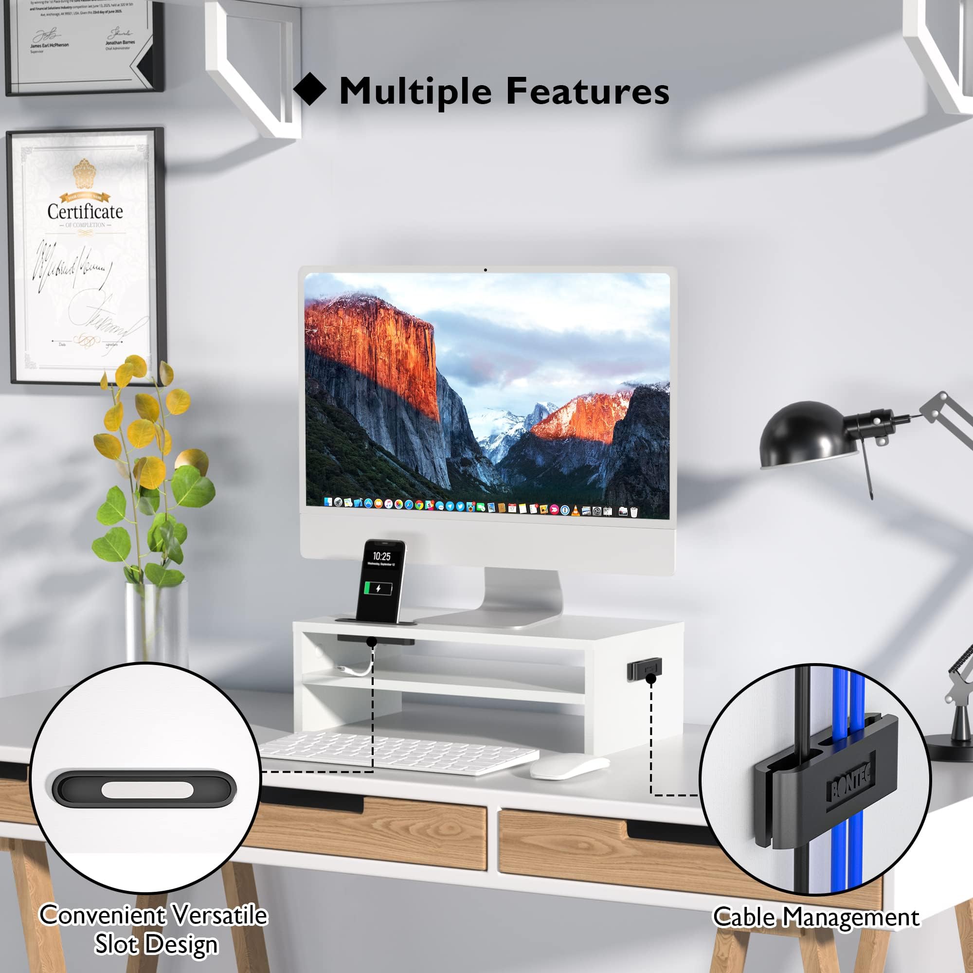 BONTEC Wood Monitor Stand Riser, Desk Monitor Stand with Smartphone Holder, Ergonomic Laptop Stand with Cable Management for Computer, Notebook, PC, 2 Tiers White,16.5 Inch
