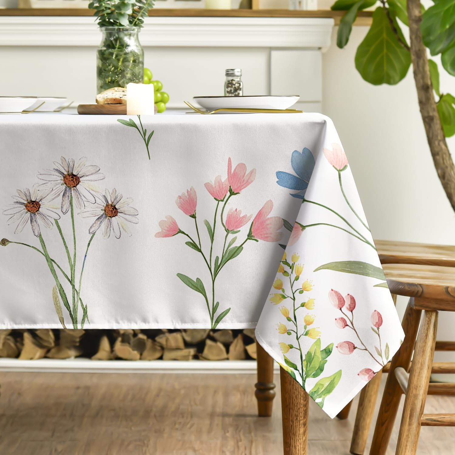 Horaldaily Spring Summer Tablecloth 60x104 Inch, Easter Watercolor Wild Flowers Blooming Floral Table Cover for Party Picnic Dinner Decor