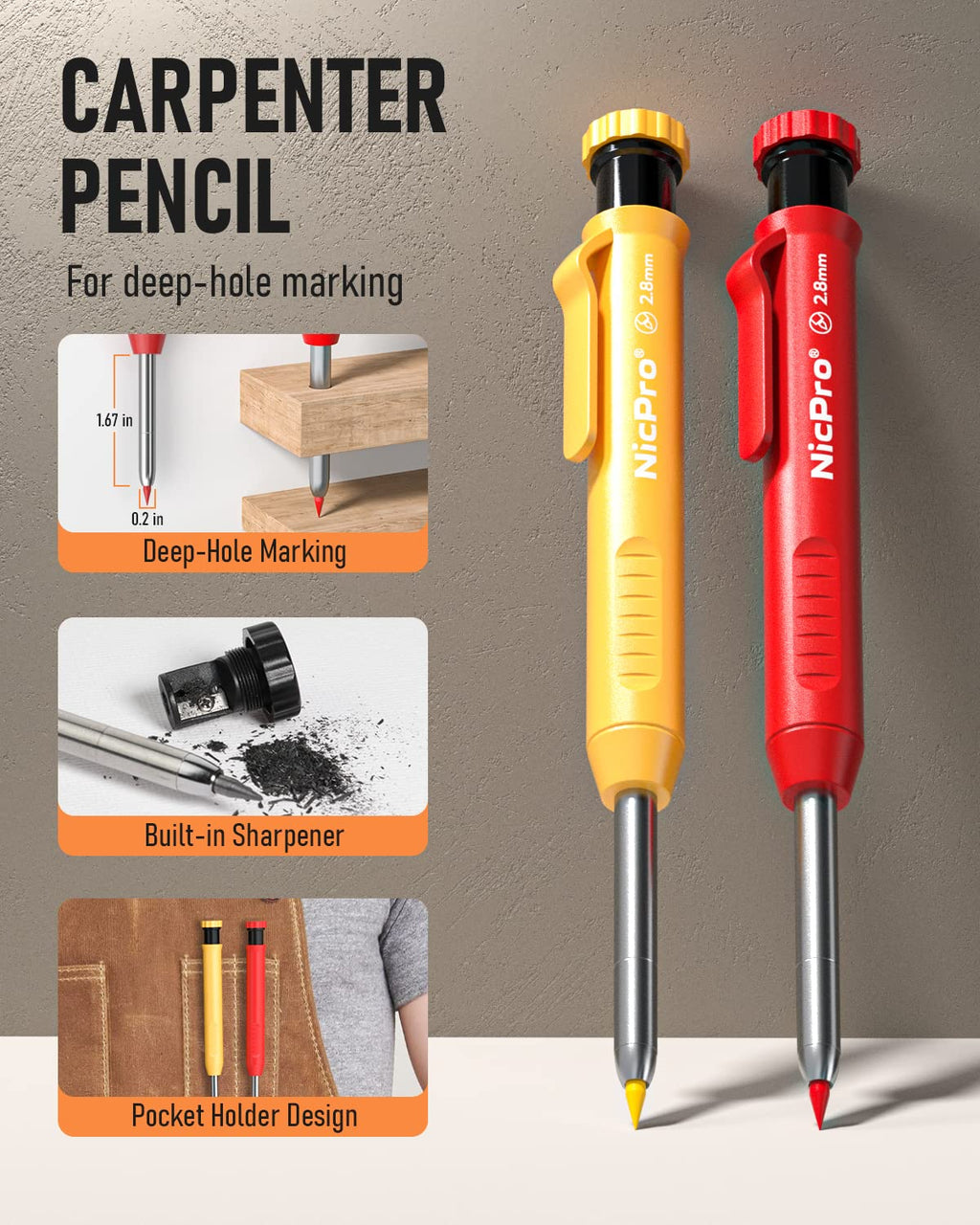 Nicpro 18 Pack Carpenter Pencil Set with Sharpener, Mechanical Carpenter Pencil 76 Refills(Black Red Yellow) & Carbide Scribe Tool, Deep Hole Markers Construction Heavy Duty Woodworking for Architect
