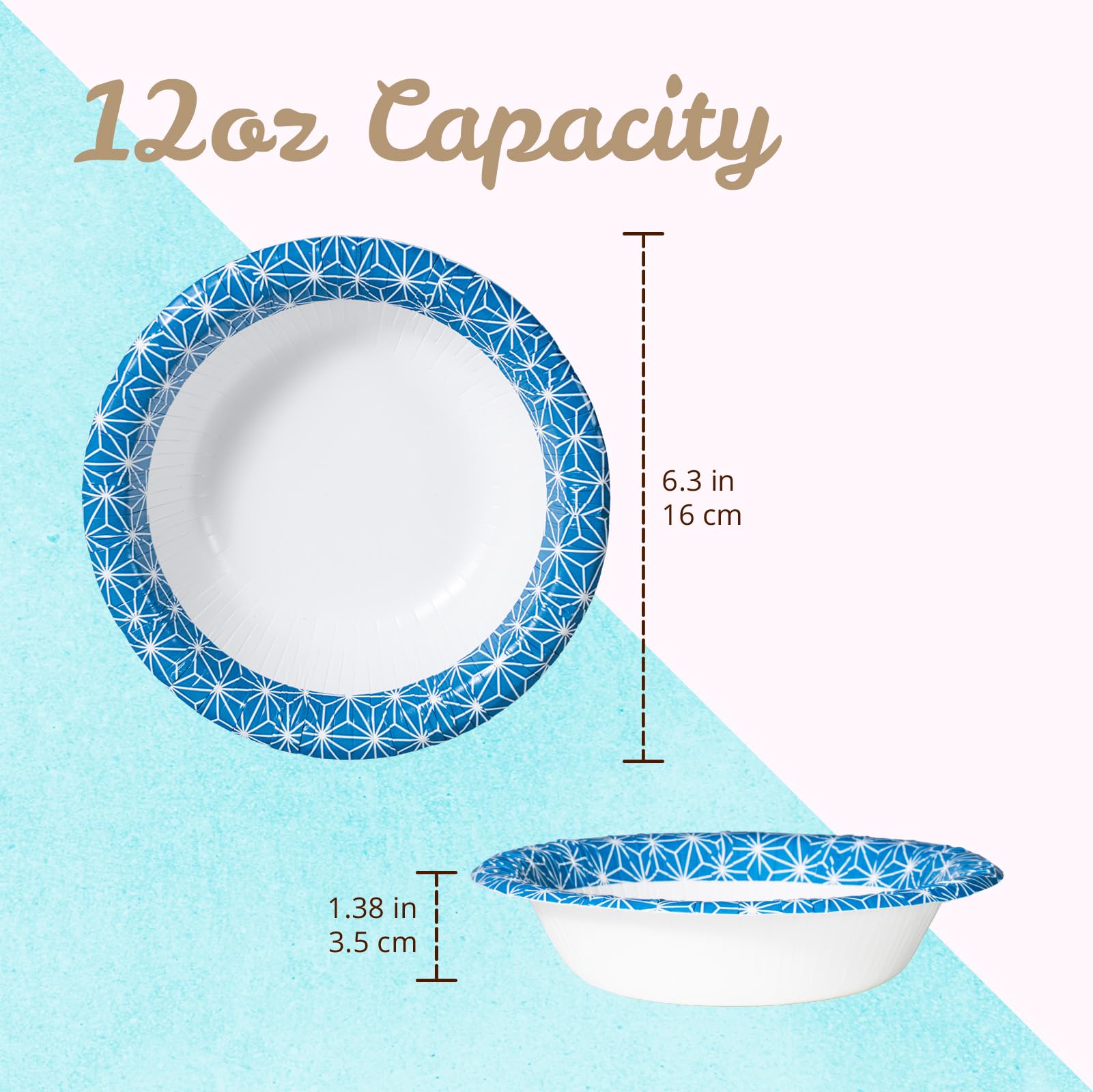Paper Bowls, 355 ml, 150-Count, Microwave-Safe, Soak-Proof, Disposable Bowls with Asanoha Mosaic Design, Great for Soup, Salad, Snacks, and Meals