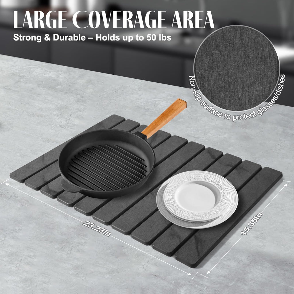 2 PCS Large Stone Dish Drying Mats for Kitchen Counter, 61"(L)×41"(W) Marble Pattern Dish Drying Mat with 20"x 10" Coasters, Collapsible Quick-Dry Diatomite Drying Mat for Dishes, Bottles & Cups