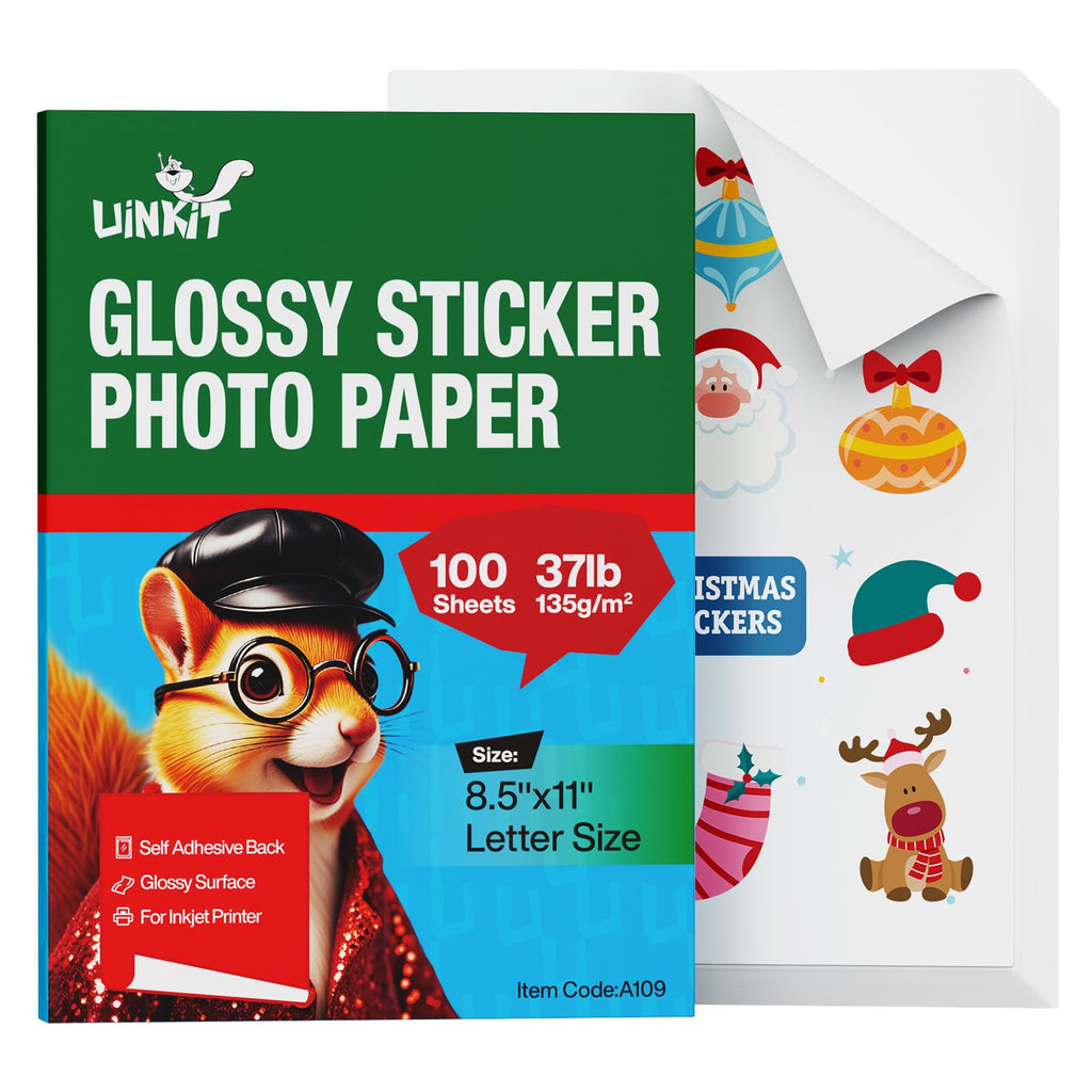 Uinkit 100 Sheets Printable Glossy Sticker Label Photo Paper Self Adhesive Sticky 8.5 x 11 6.5Mil for Dye Inkjet Printer A109 (100, 8.5x11Inches)