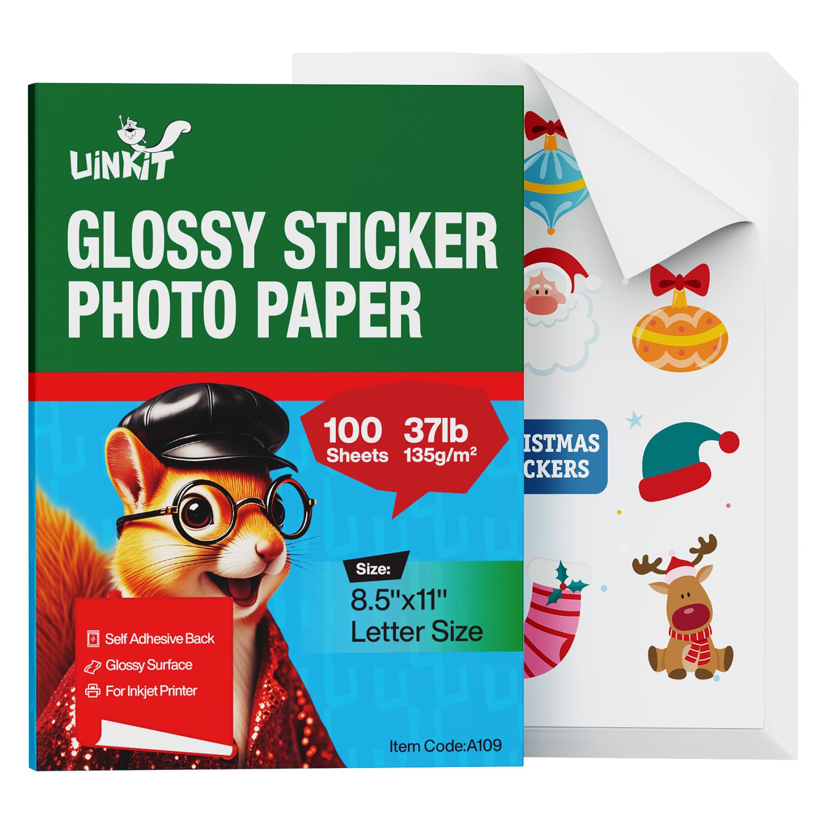 Uinkit 100 Sheets Printable Glossy Sticker Label Photo Paper Self Adhesive Sticky 8.5 x 11 6.5Mil for Dye Inkjet Printer A109 (100, 8.5x11Inches)
