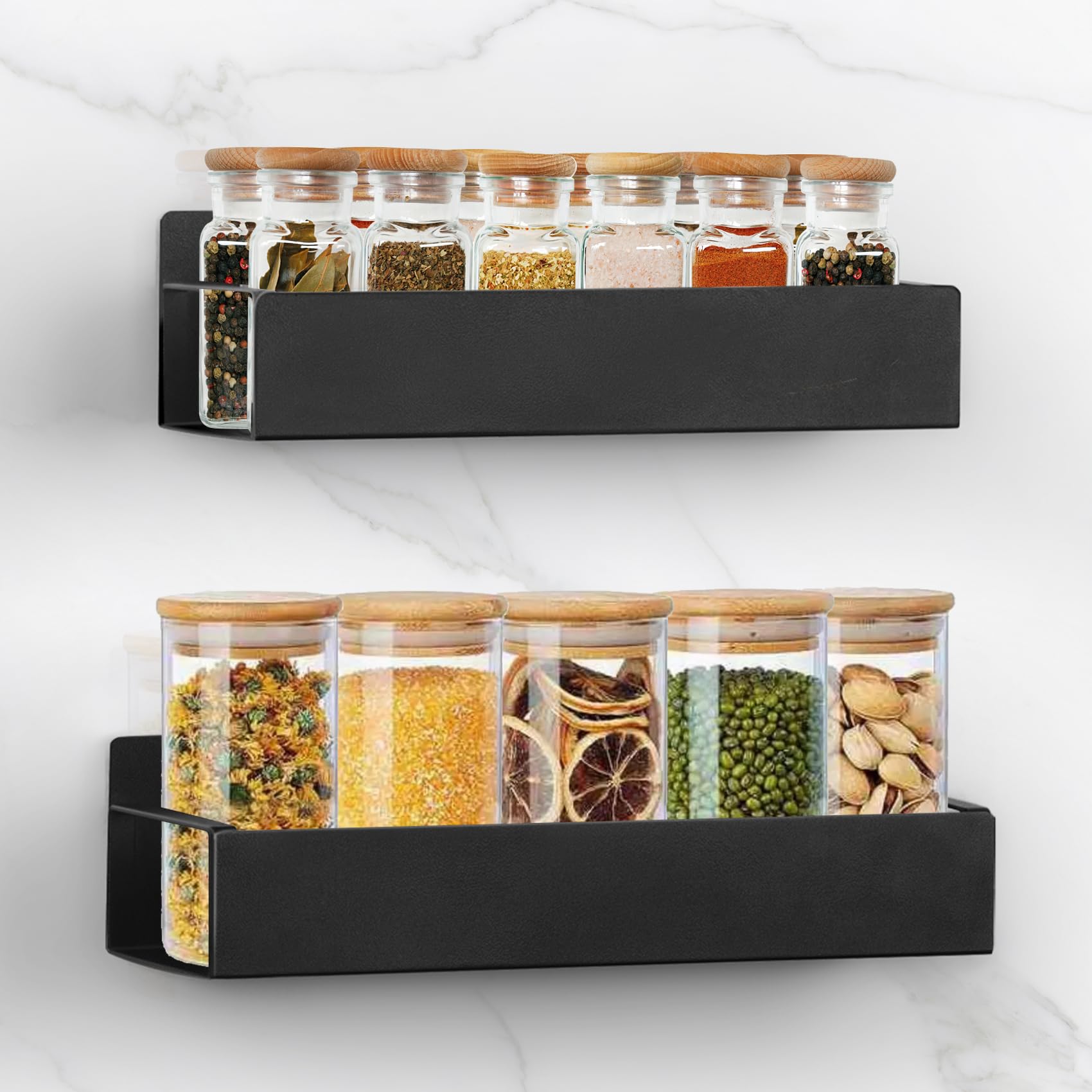 SYLLENHOD Kitchen Spice Rack for Wall: 2 Packs Black Adhesive Spice Racks Wall Mount - 11.8" Large Hanging Storage Organizer Cabinet Without Drilling for Smooth Wall - Work Room Bathroom Shelves
