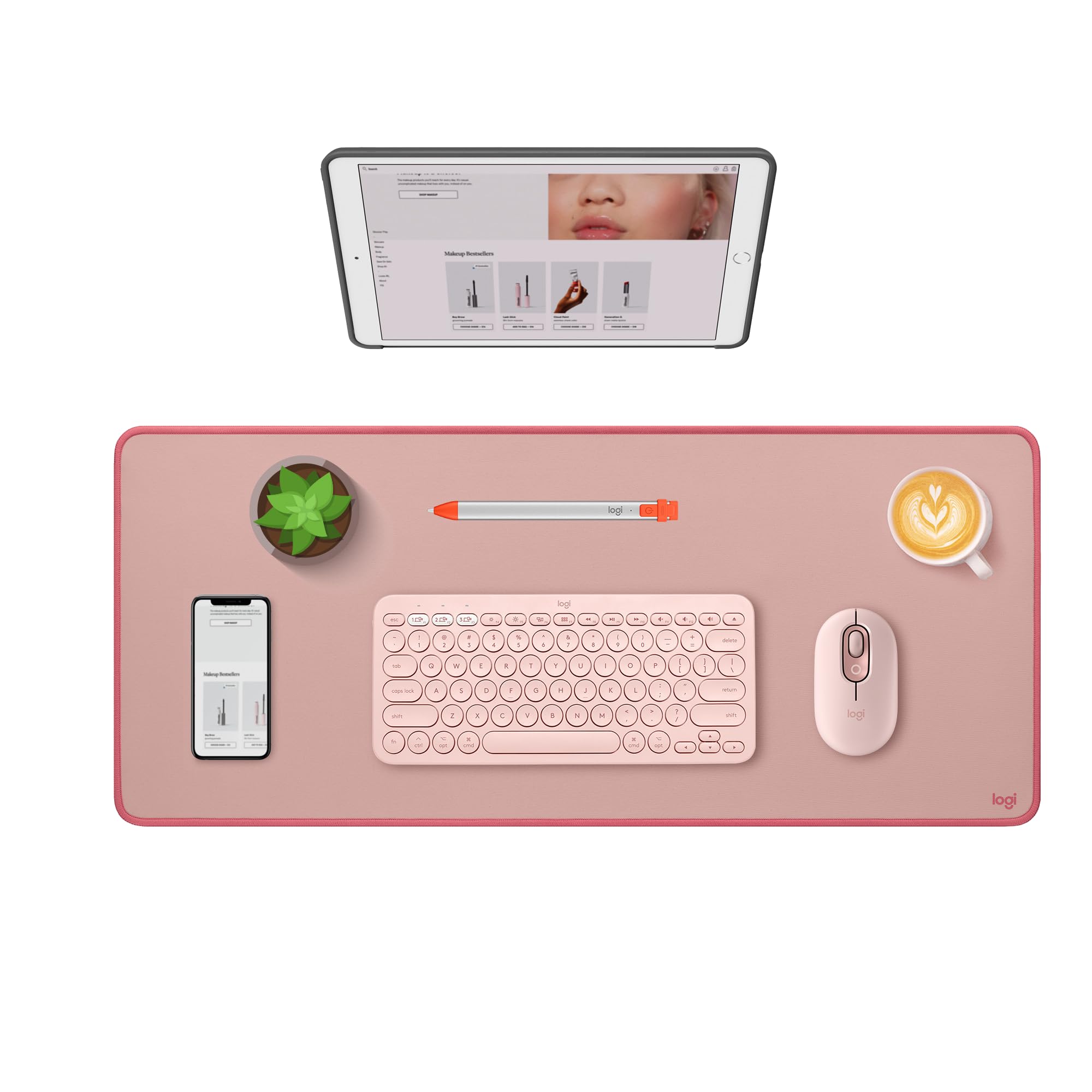 Logitech Desk Mat - Studio Series, Multifunctional Large Desk Pad, Extended Mouse Mat, Office Desk Protector with Anti-Slip Base, Spill-Resistant Durable Design, in Darker Rose