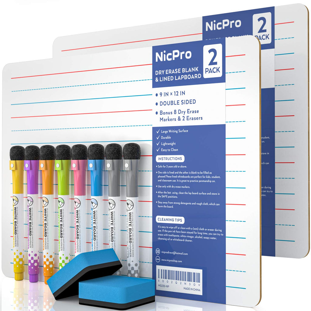 Nicpro Lap Board 9 x 12 Inch 2-Pack Double Sided Blank and Lined Small Lap Board with 3 Pens Mini Whiteboard for Water Based Learning, Portable for Student and Classroom Use