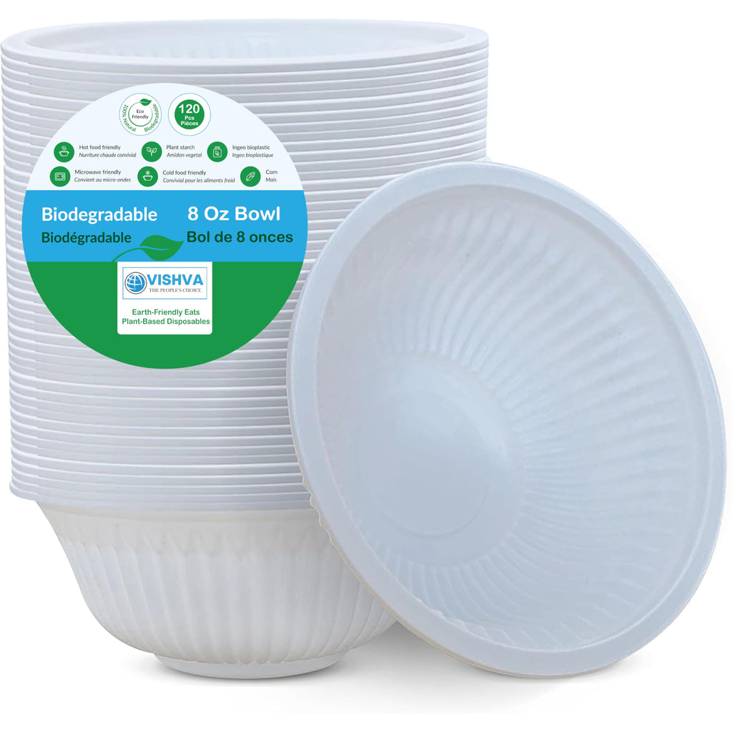 VISHVA [Canadian Brand] 8 oz Disposable Bowls [120-Pack] – Premium Heavy-Duty Serving Bowls, White Eco-Friendly Portion Bowls Made from Corn & Plant-Based Materials, Stronger Than Standard Paper Bowls
