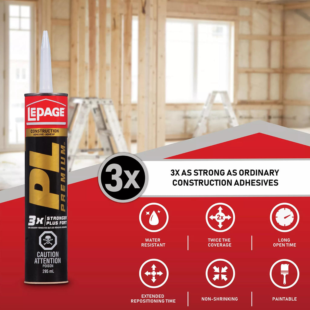 Lepage PL Premium Polyurethane Construction Adhesive, Versatile Construction Glue for Wood, Concrete, Stone & More - 825 ml Cartridge, 1 Pack