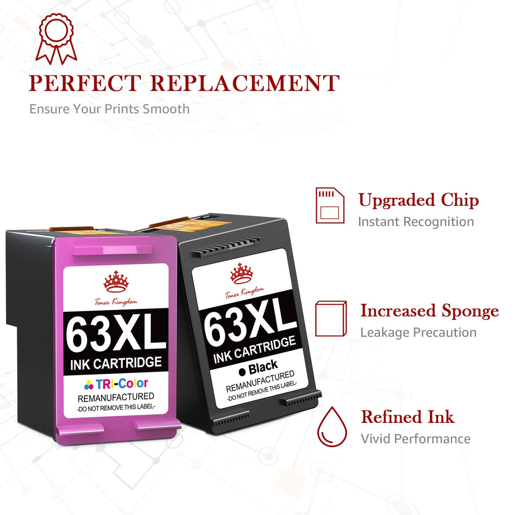 Toner Kingdom Remanufactured Ink Cartridge Replacement for HP 63 Ink 63XL for HP Envy 4520 Ink cartridges 4512 4516 Officejet 3830 4650 5255 5258 Deskjet 1112 Printer Ink(1 Black, 1 Tri-Color)
