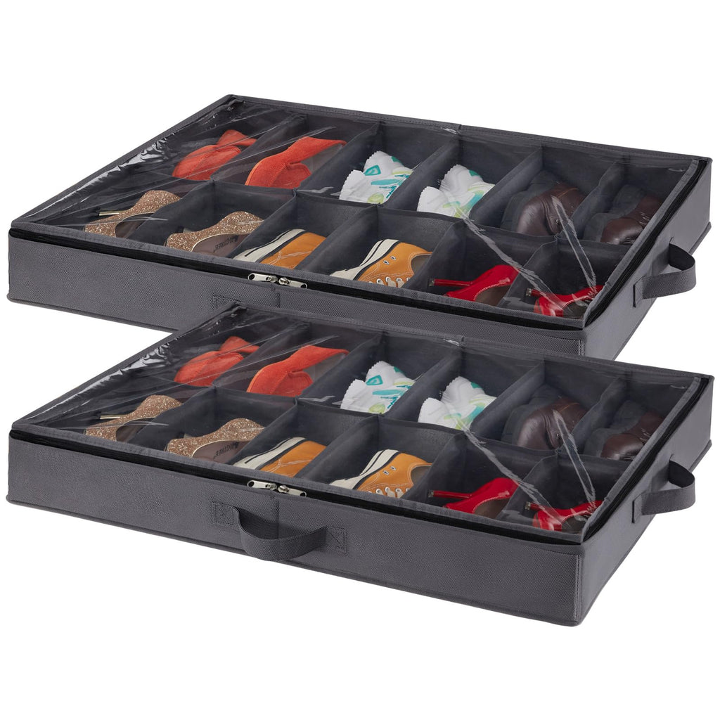 Lifewit Under Bed Shoe Storage Organizer for Closet, Underbed Storage Container Box with Clear Cover See Through Window Fabric Storage Bins with 2 Handles Total Fits 24 Pairs of Shoes, 2 Pack, Grey